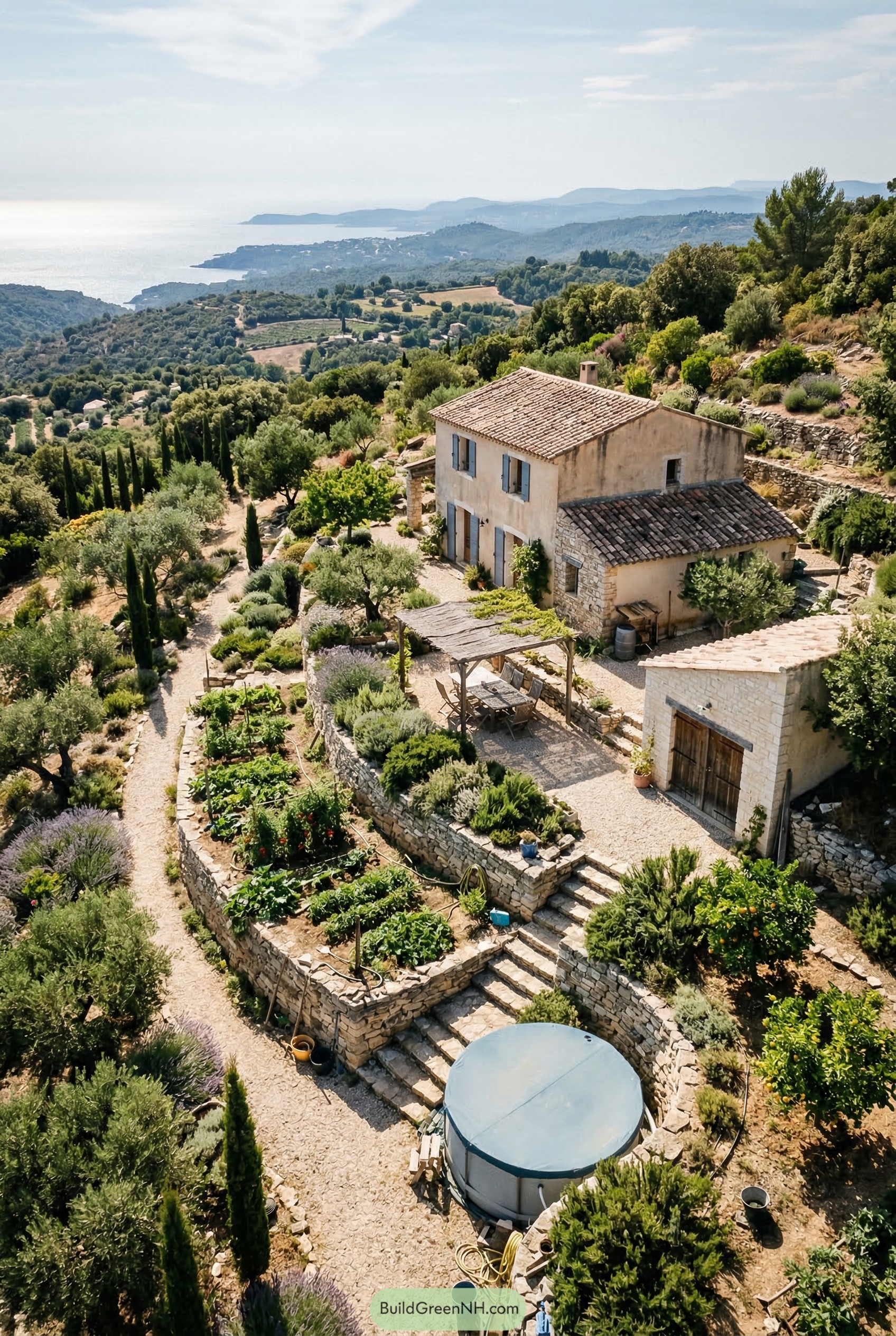 Terraced stone mini farm beside a hillside house