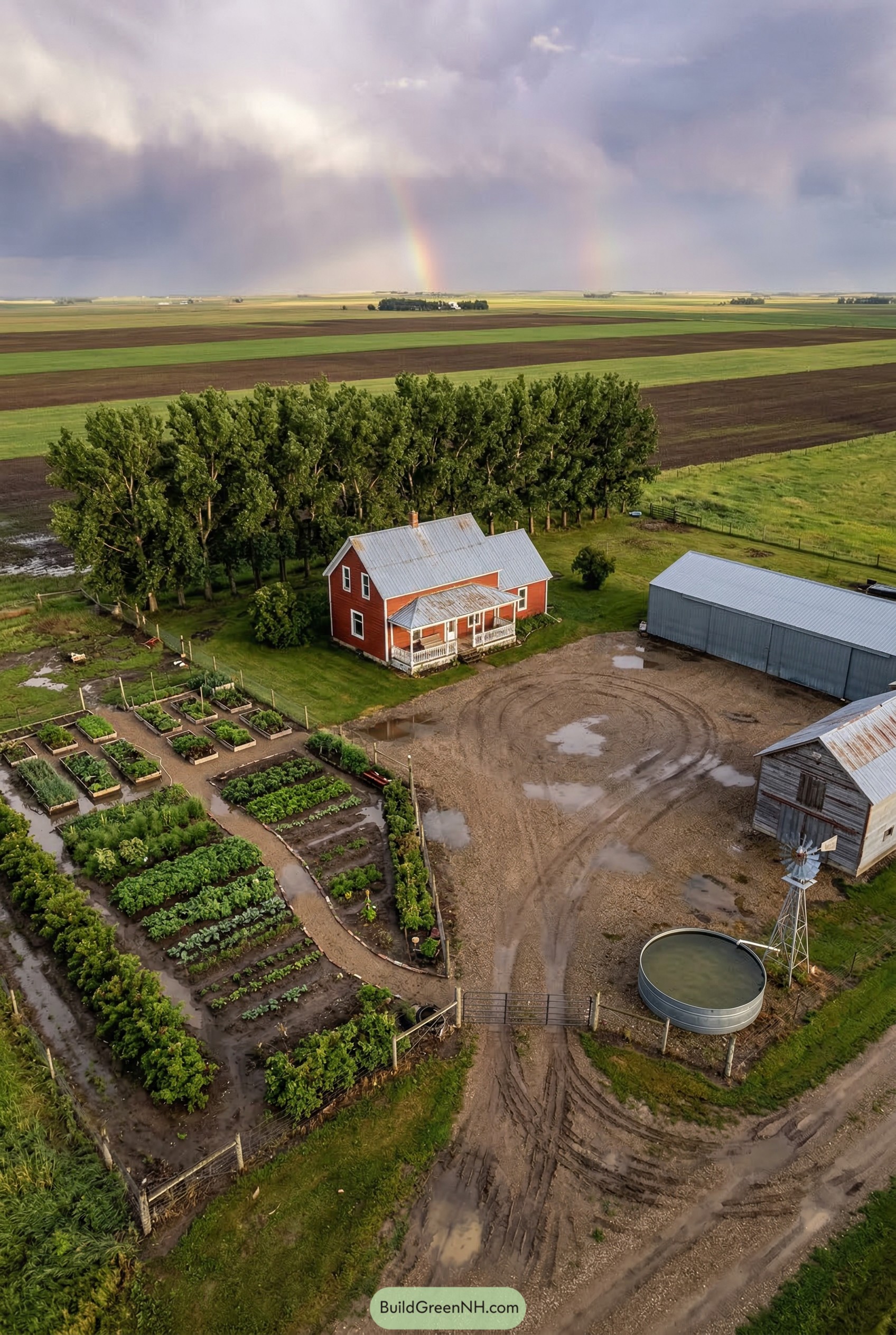 Aerial view of prairie mini farm with raised beds