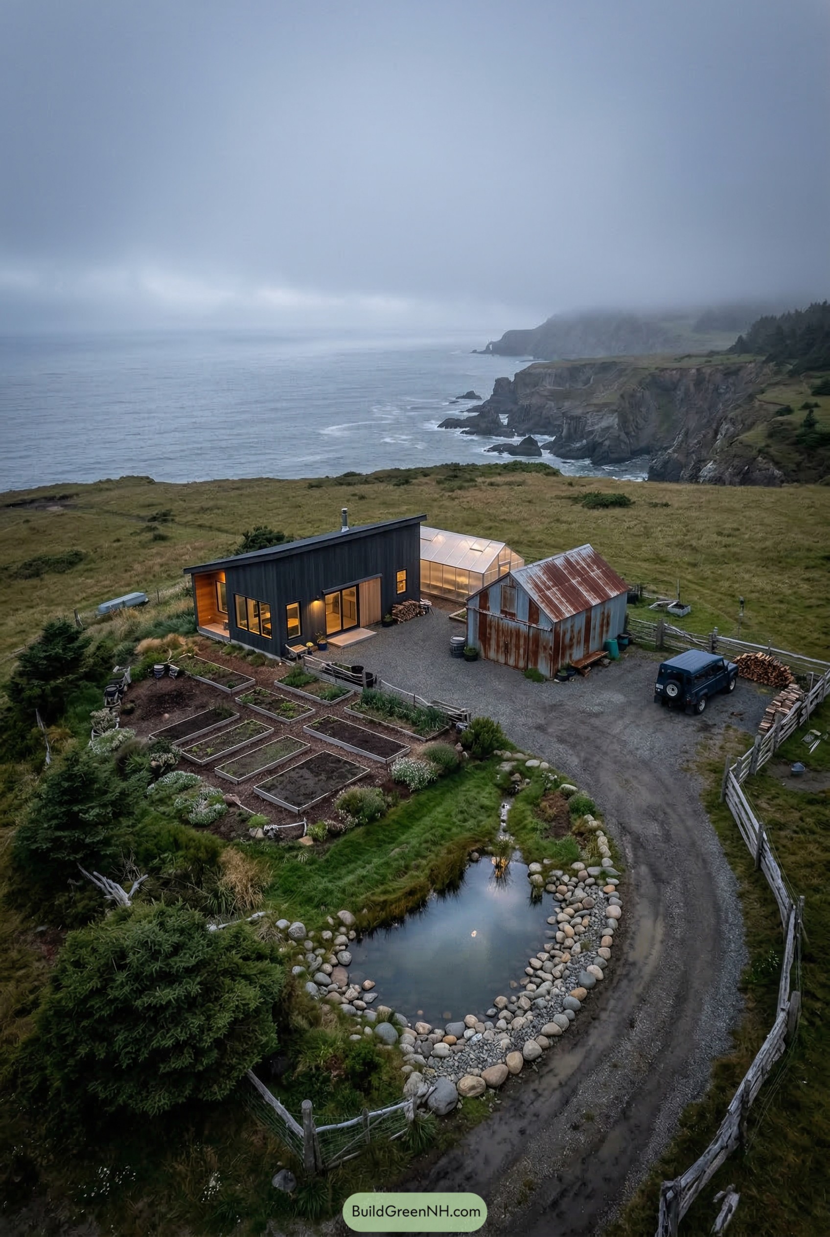 Coastal mini farm with modern cabin greenhouse barn raised beds and pond