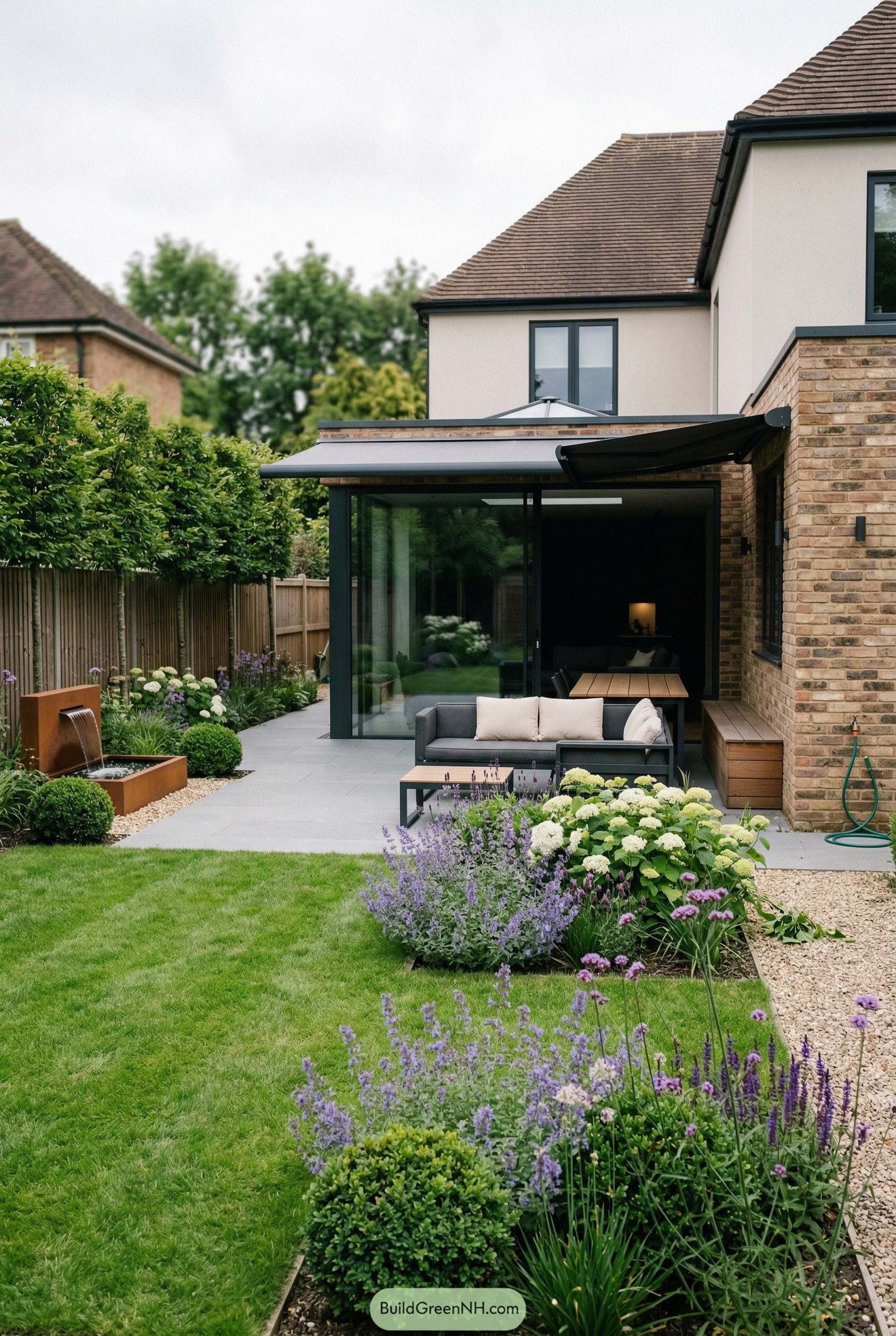 Modern patio with lawn flower borders and water feature