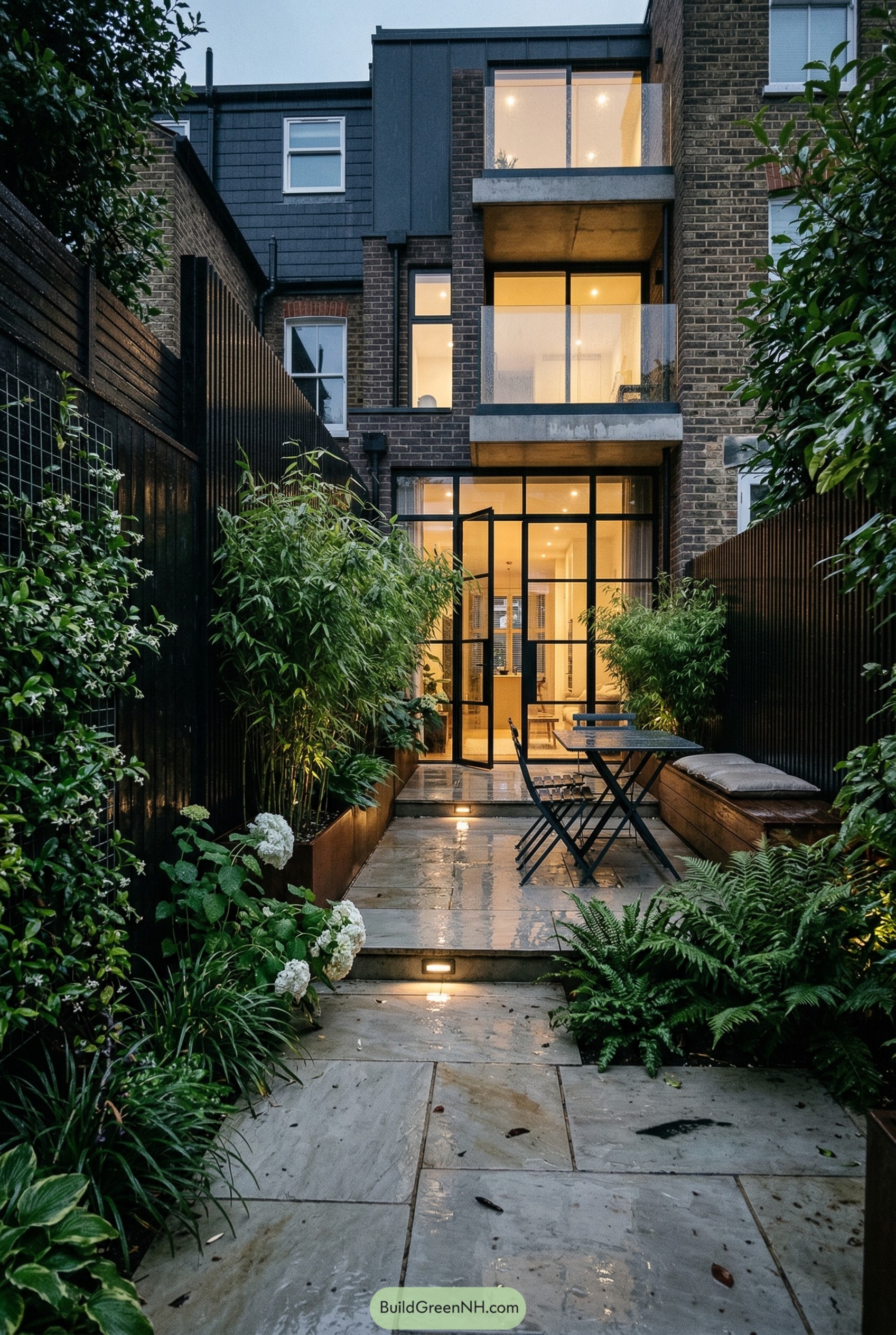 Narrow modern patio with bamboo planters