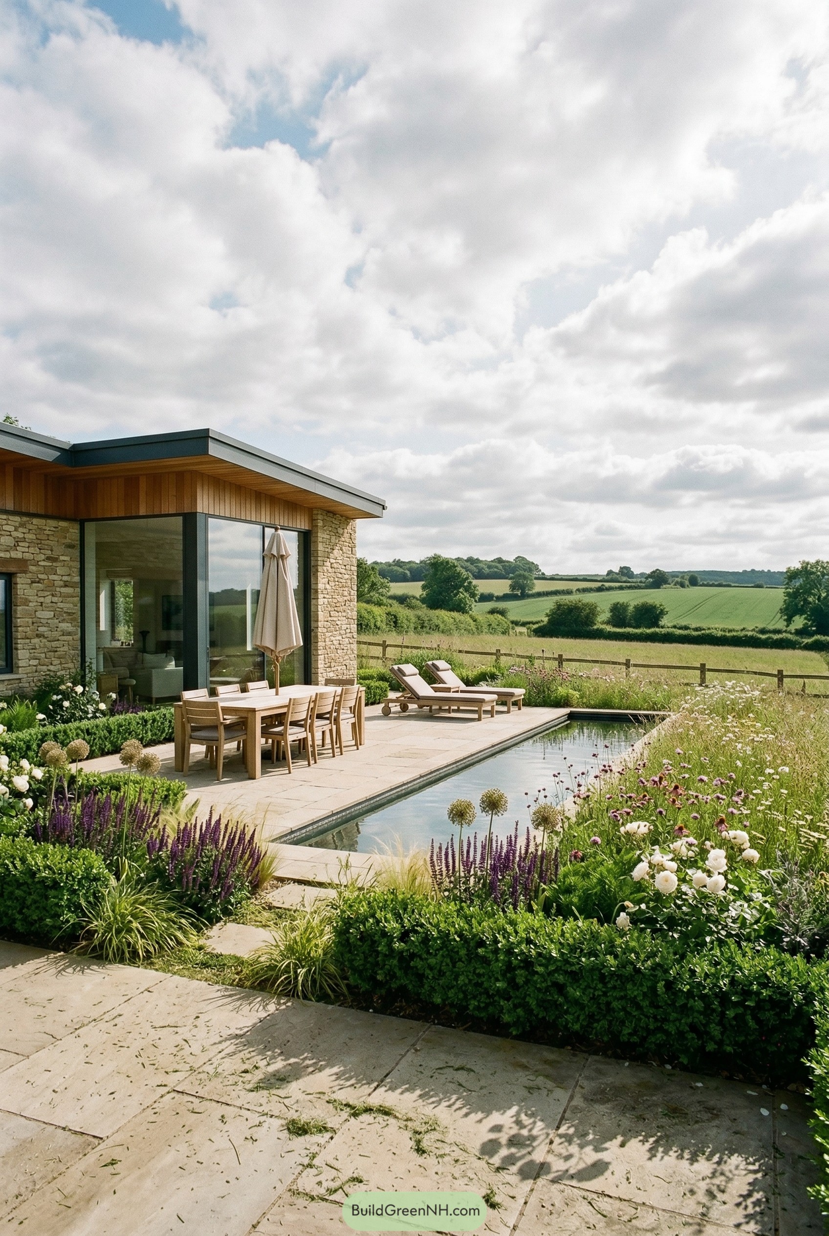 Modern patio with slim pool and wildflower borders