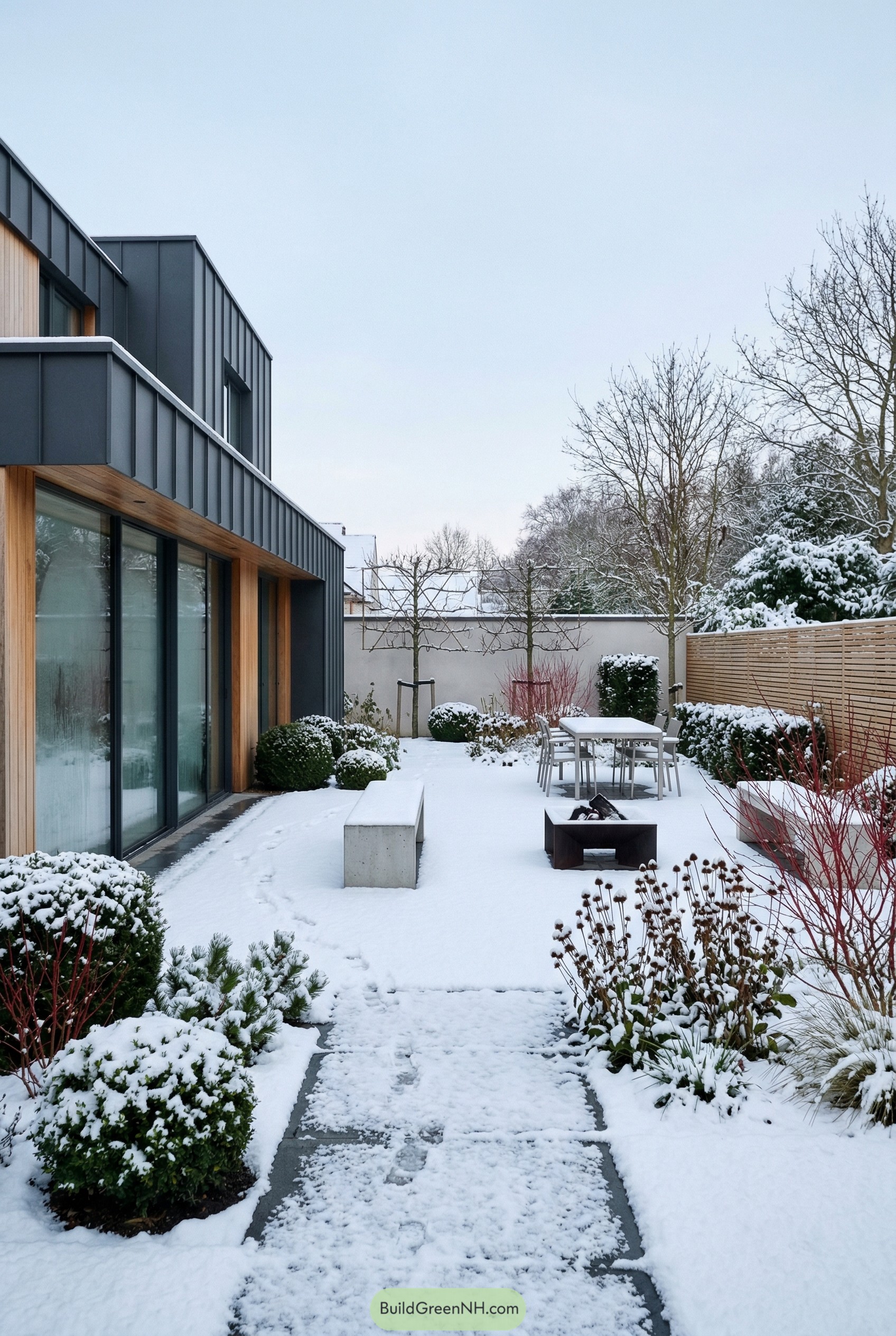 Modern snowy backyard with fire pit and dining set