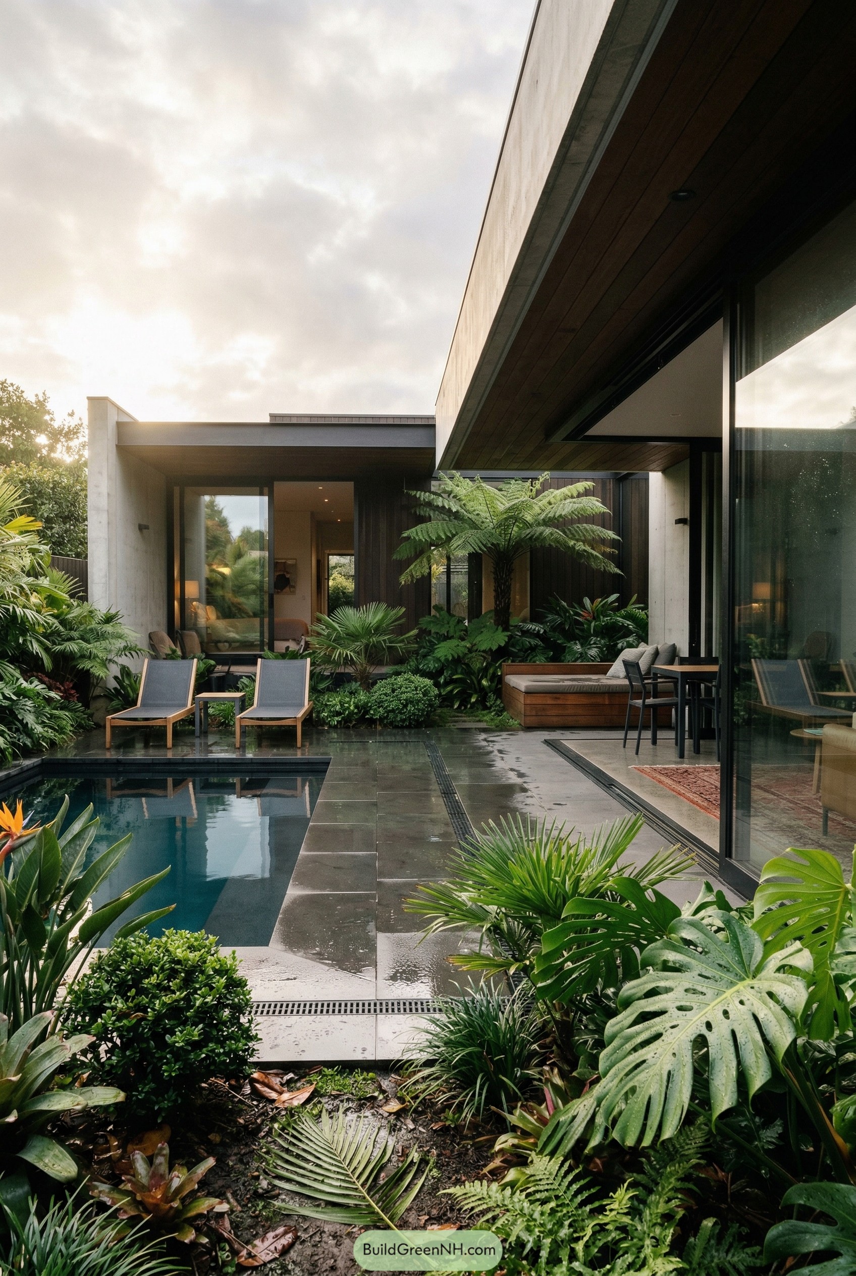 Modern courtyard pool with lush tropical planting