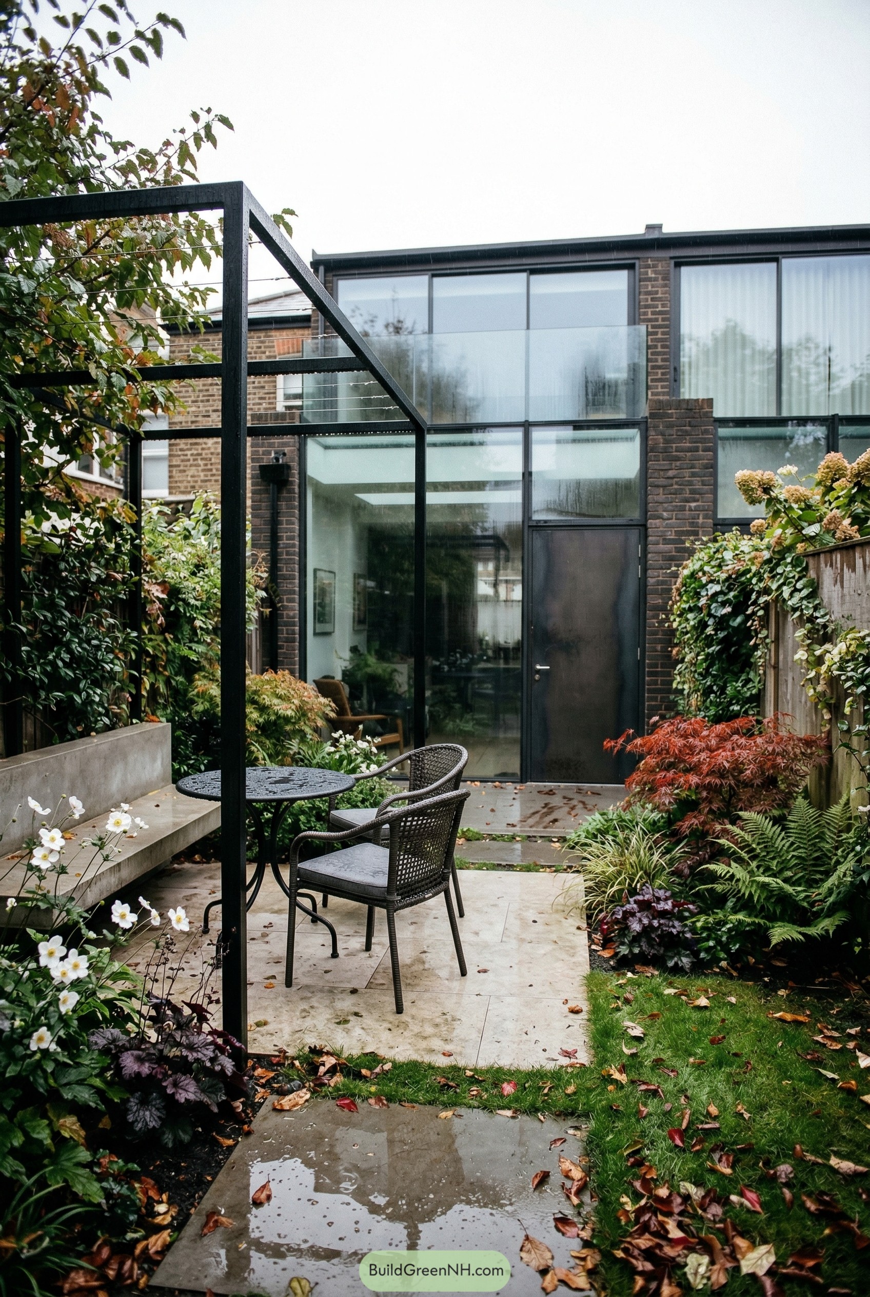 Compact patio with steel pergola and lush planting