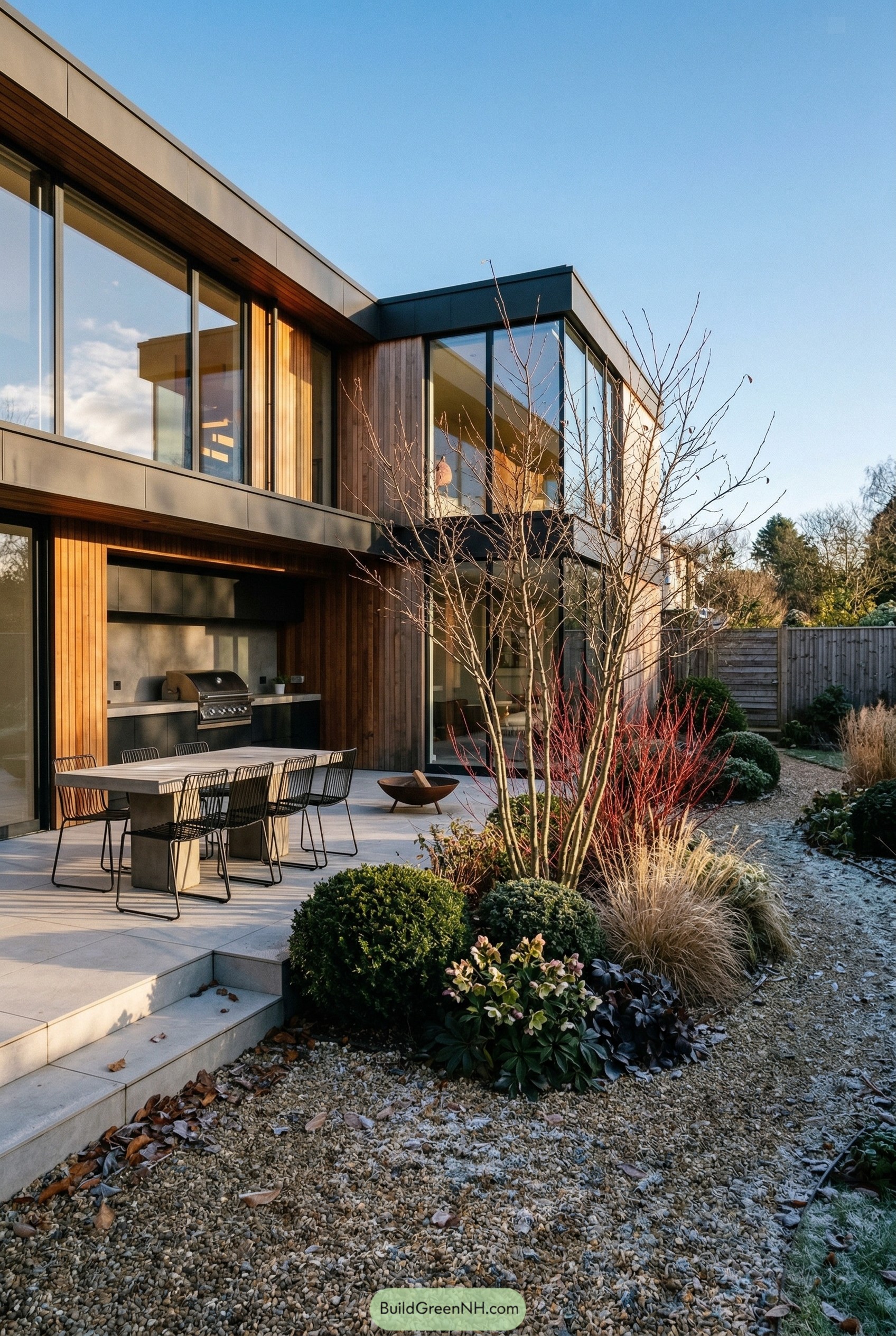 Modern patio dining area beside a gravel garden