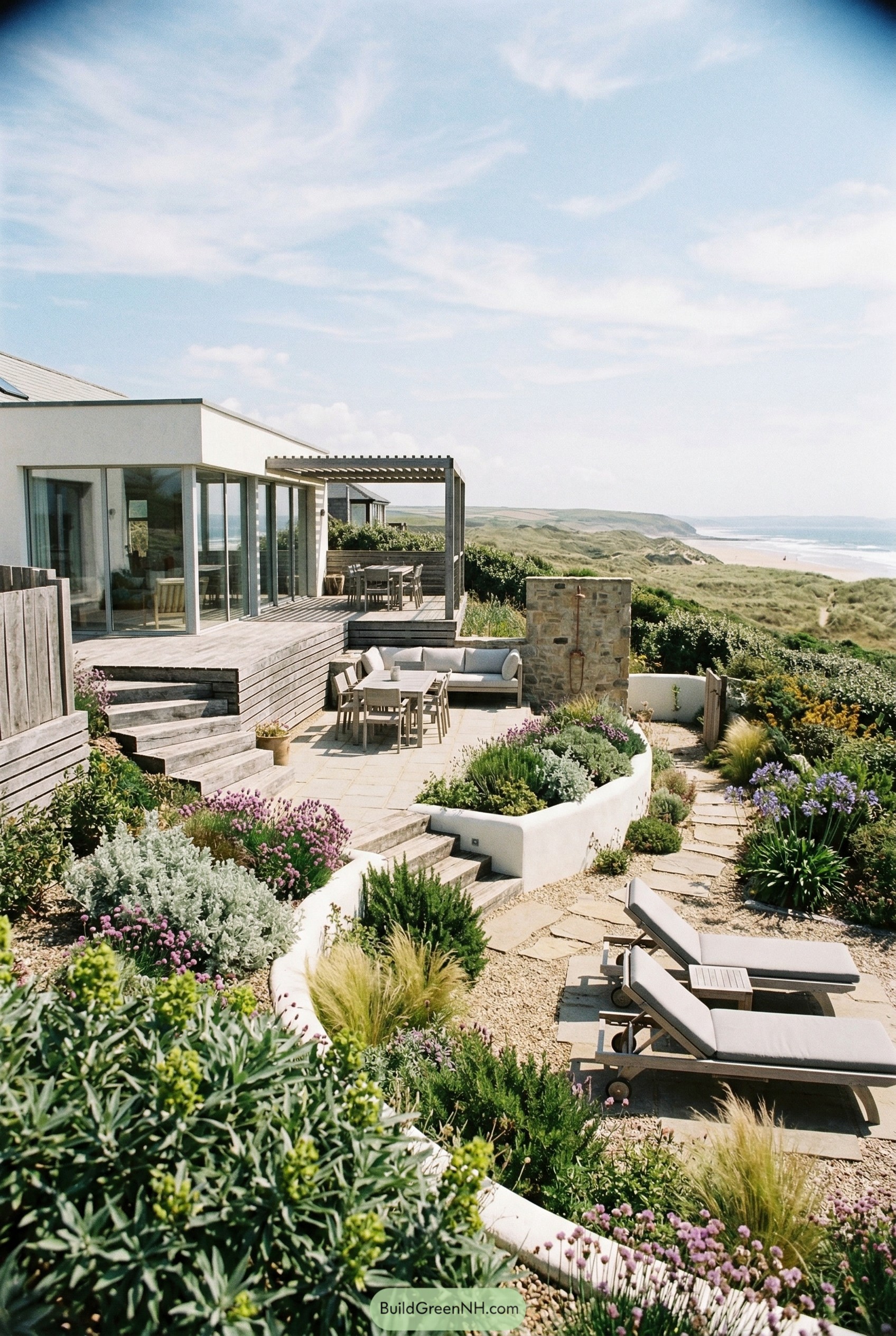 Terraced coastal garden with deck loungers