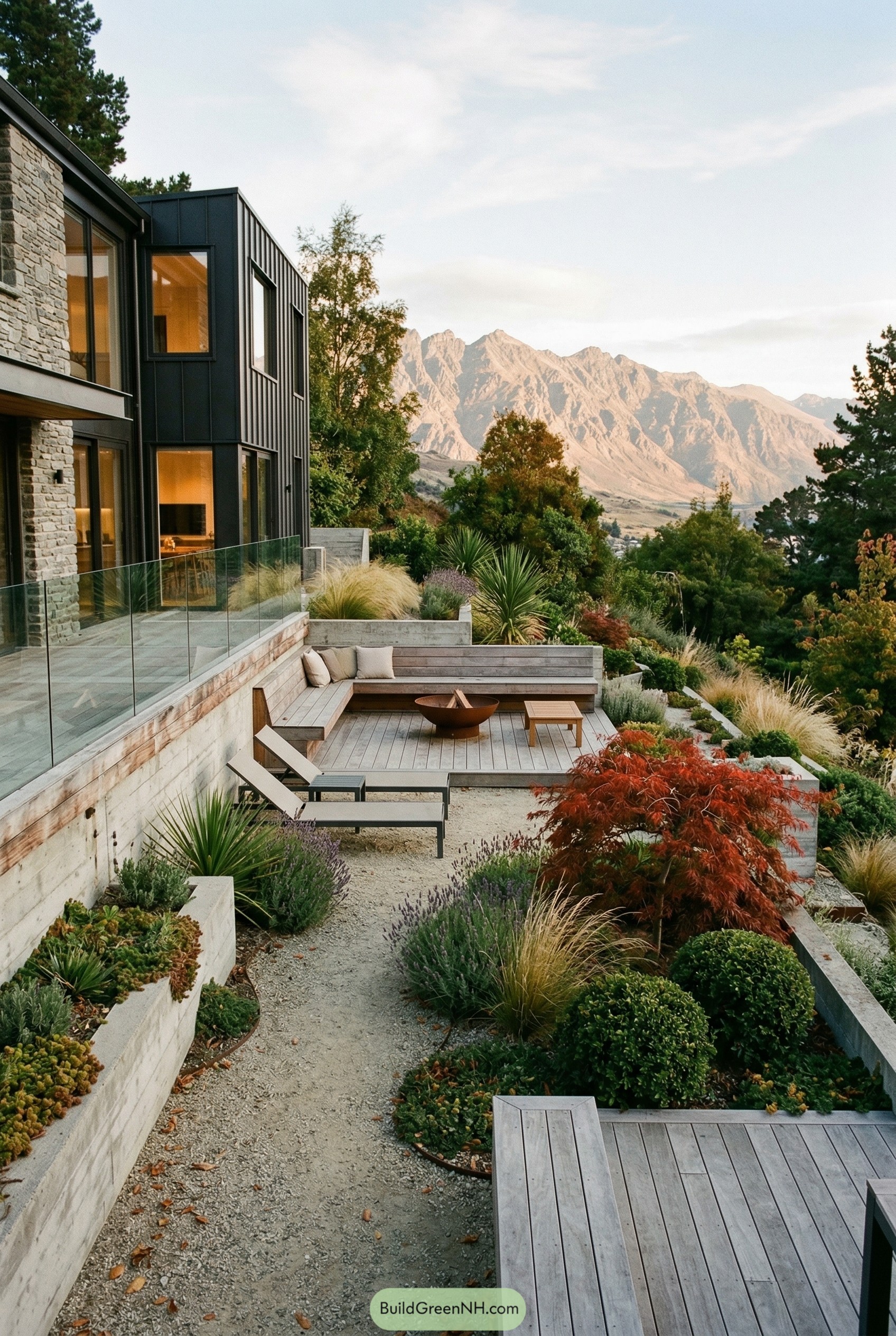 Tiered modern garden with fire pit and mountain view