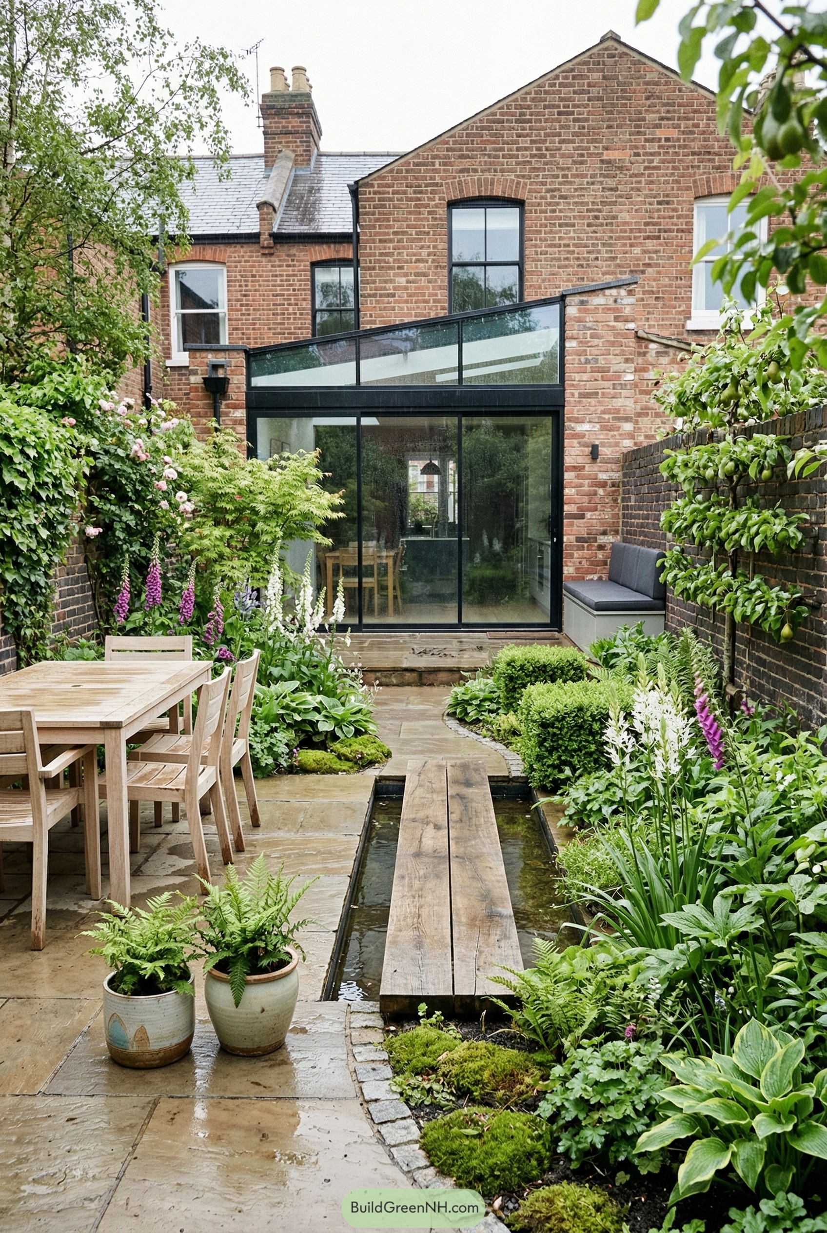 Lush narrow garden with water rill and bridge