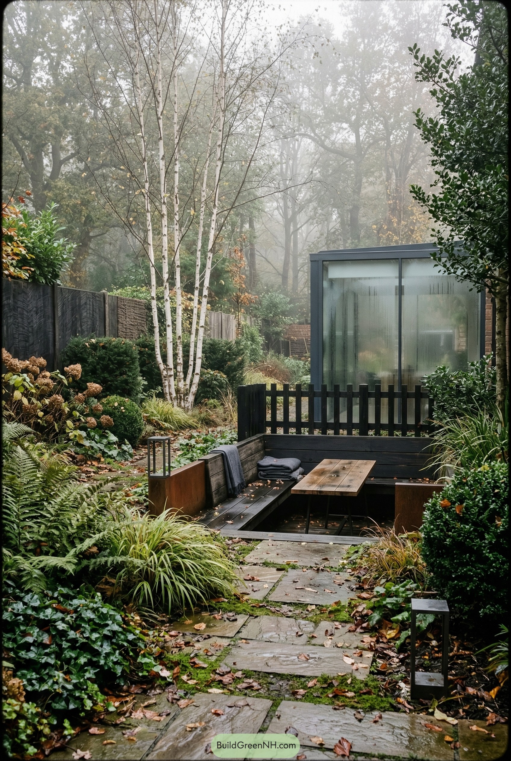 Sunken timber seating beside birch trees