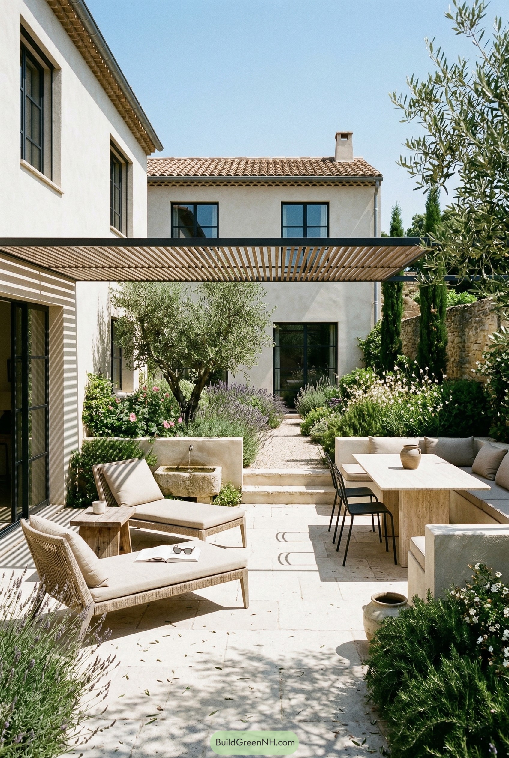 Mediterranean patio with pergola and olive tree