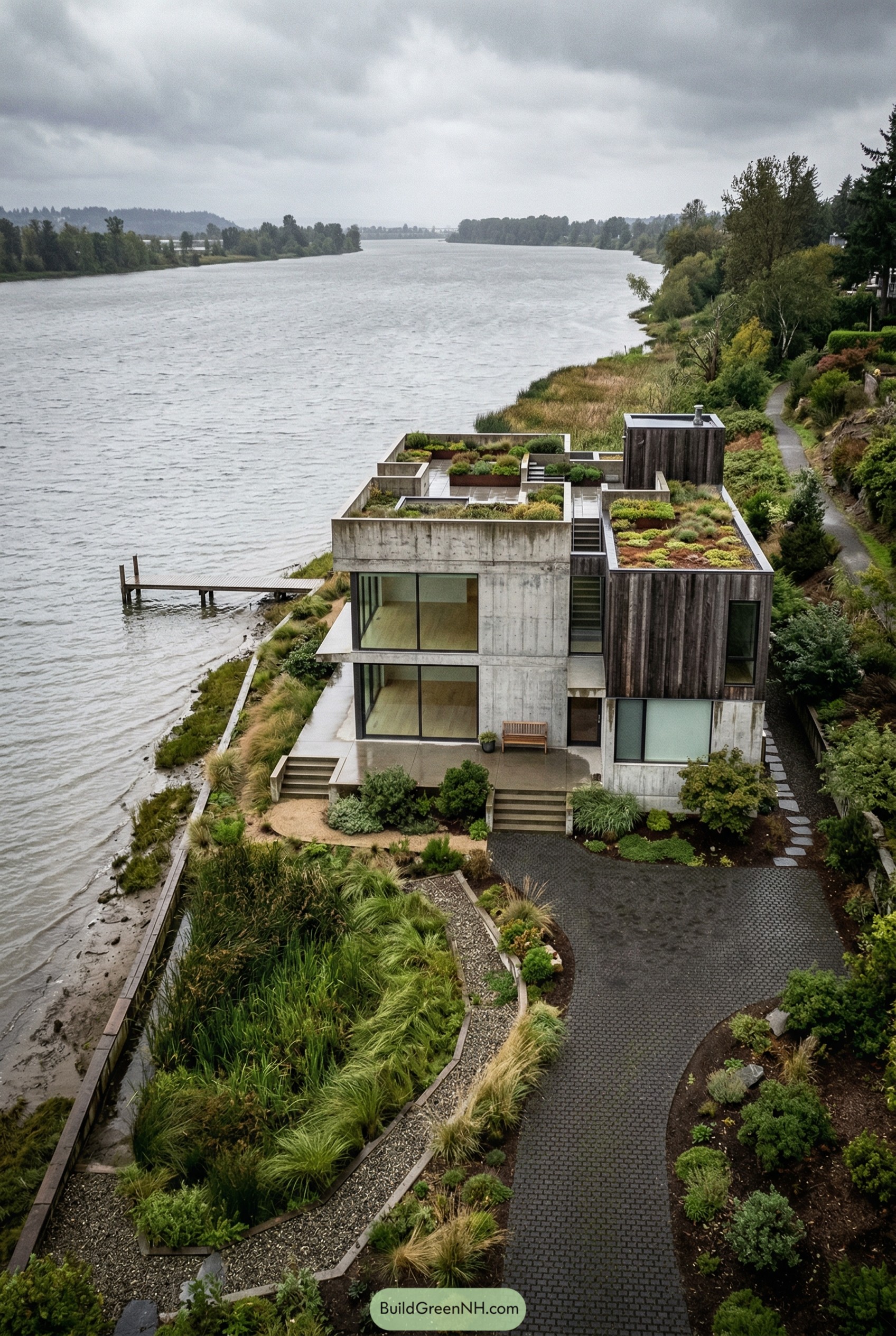 Concrete and timber riverside home with green roofs