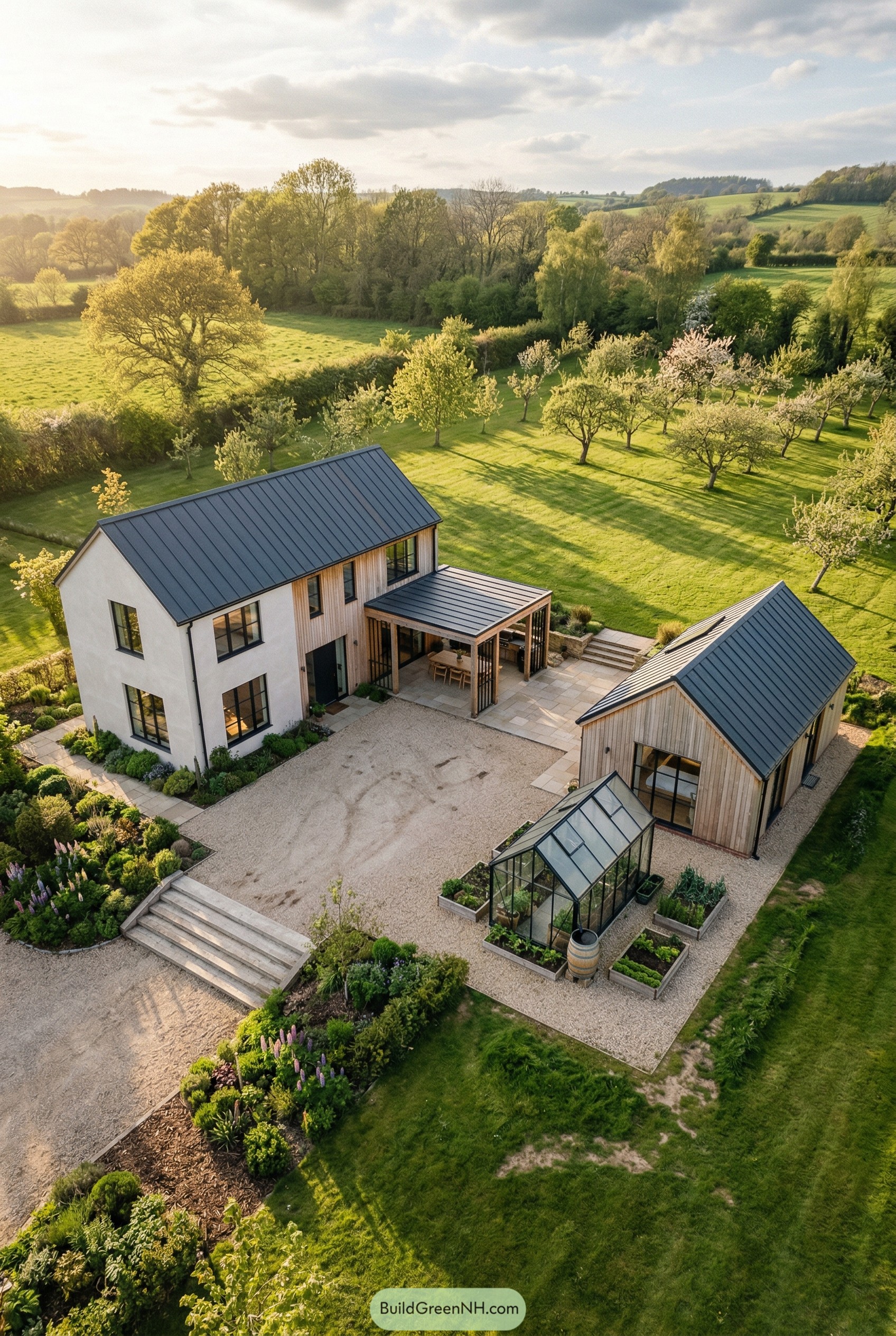Modern farmhouse with orchard courtyard and greenhouse