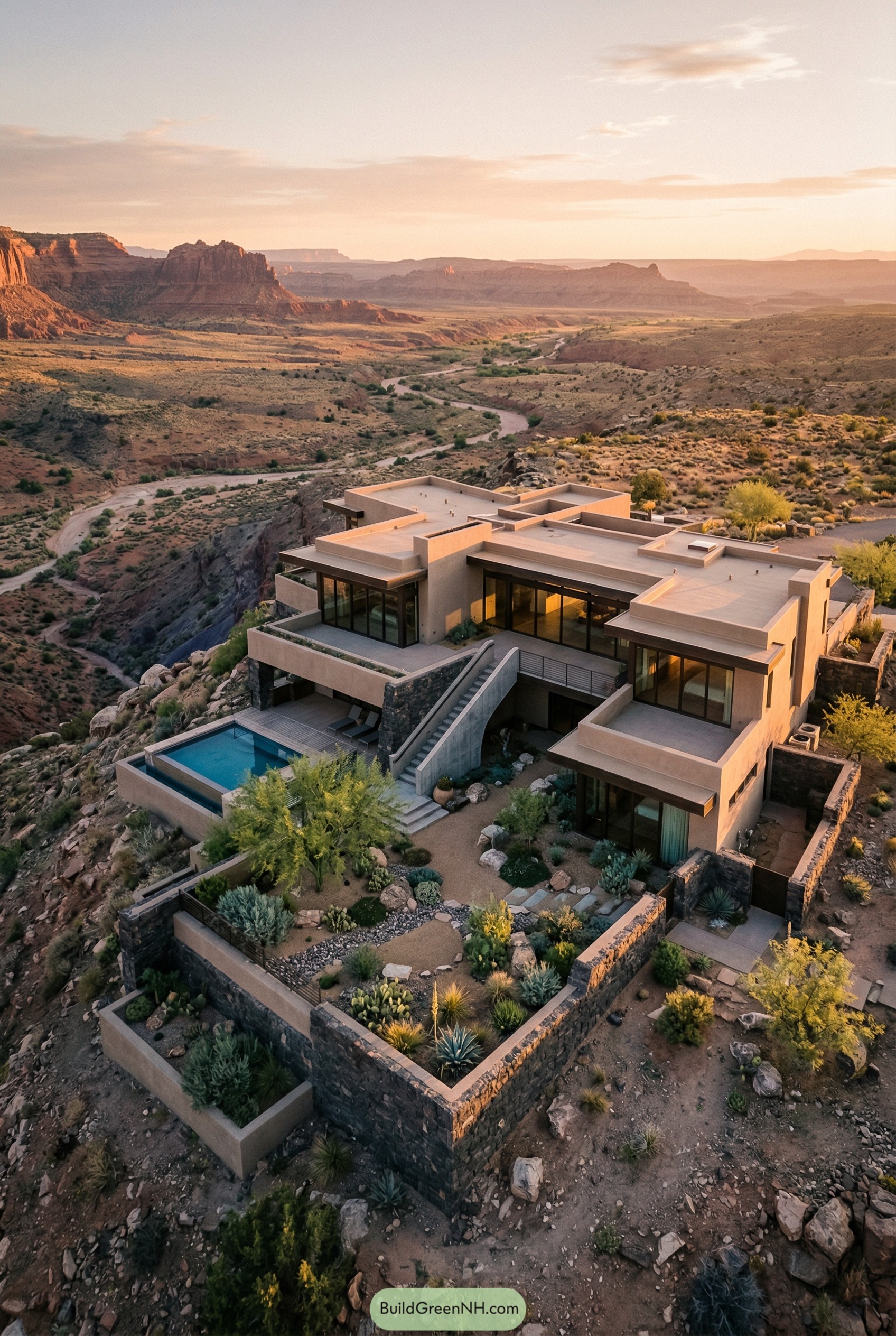 Modern terraced desert house on a canyon cliff with a pool