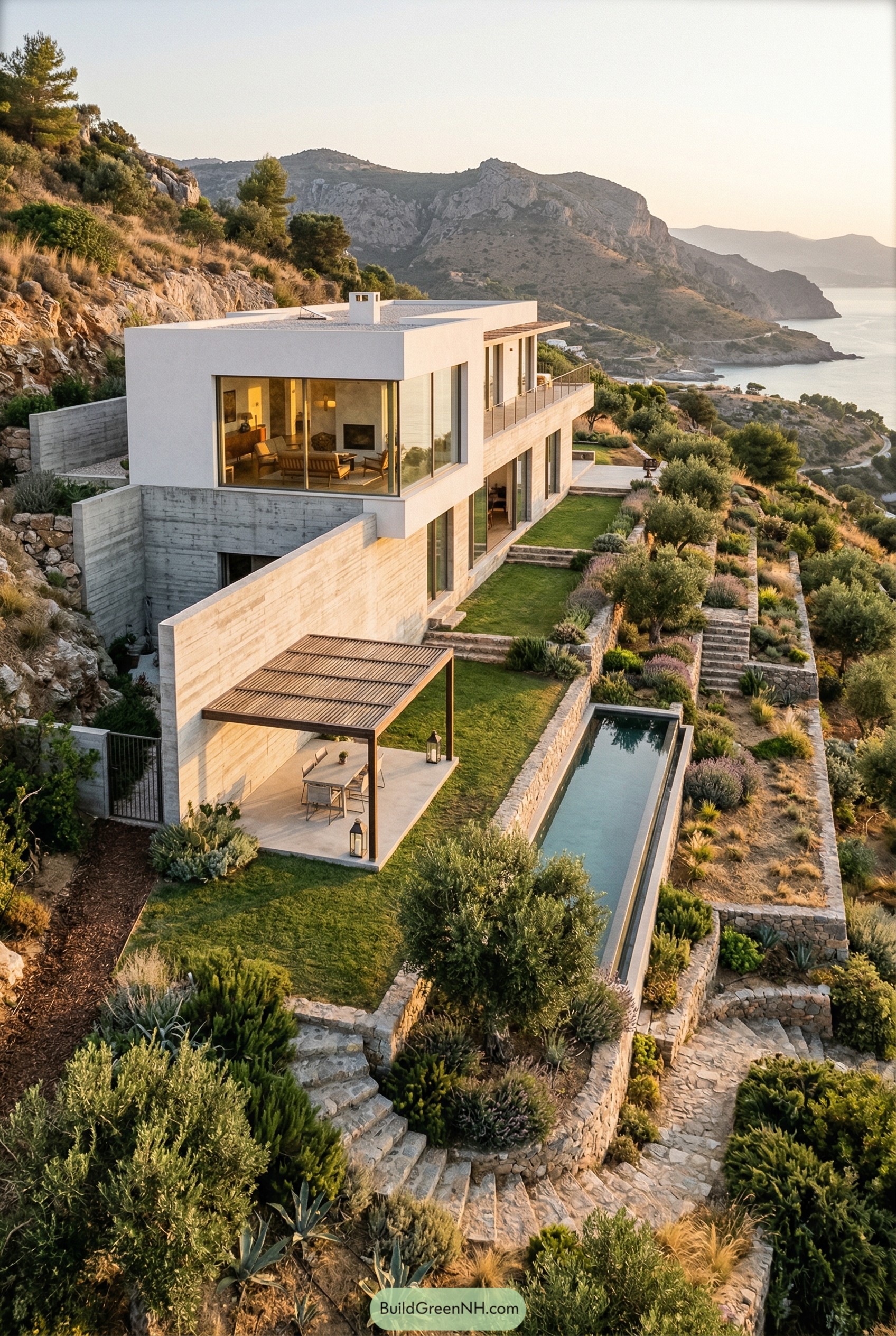 Modern hillside villa with terraced pool