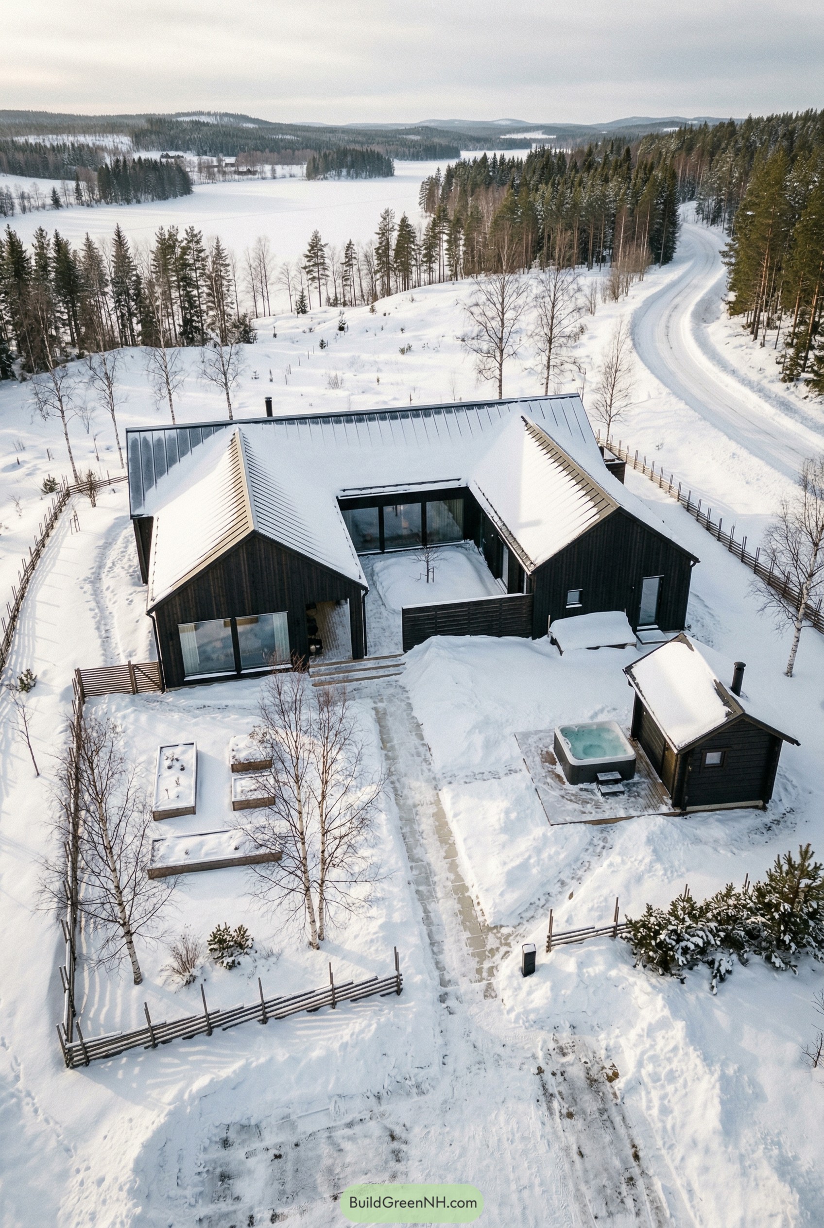 Black courtyard house in snowy forest setting