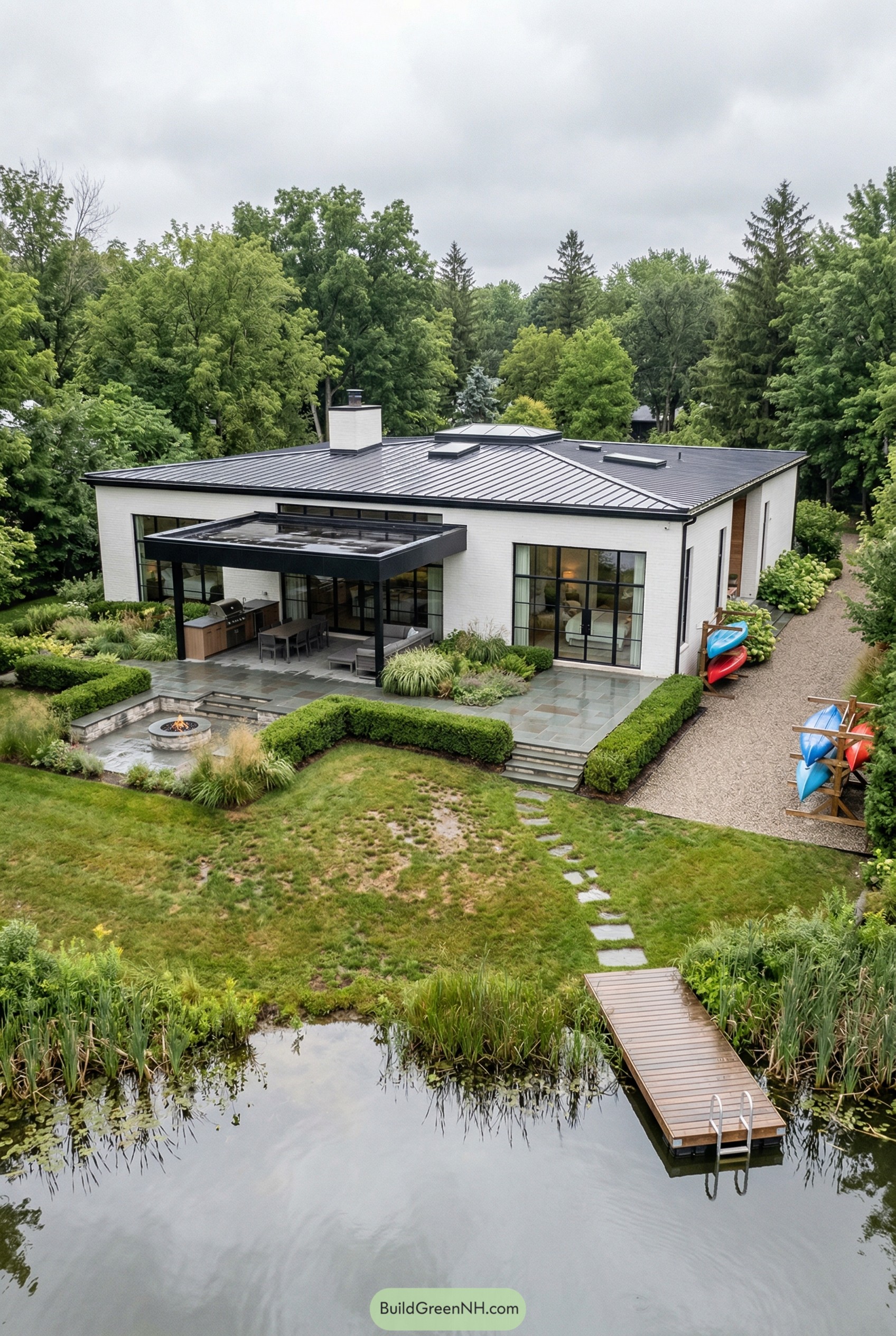 Modern white brick house beside a pond