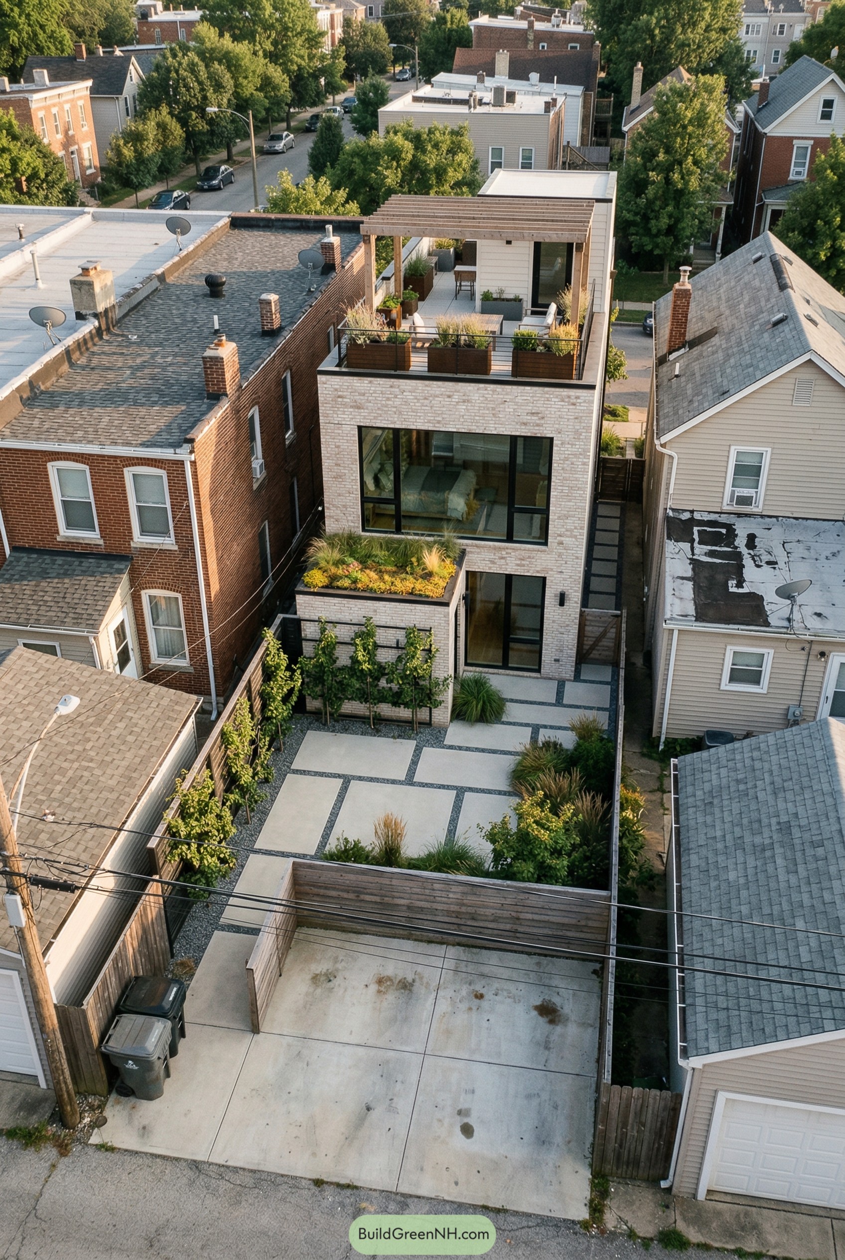 Narrow brick townhouse with rooftop terrace