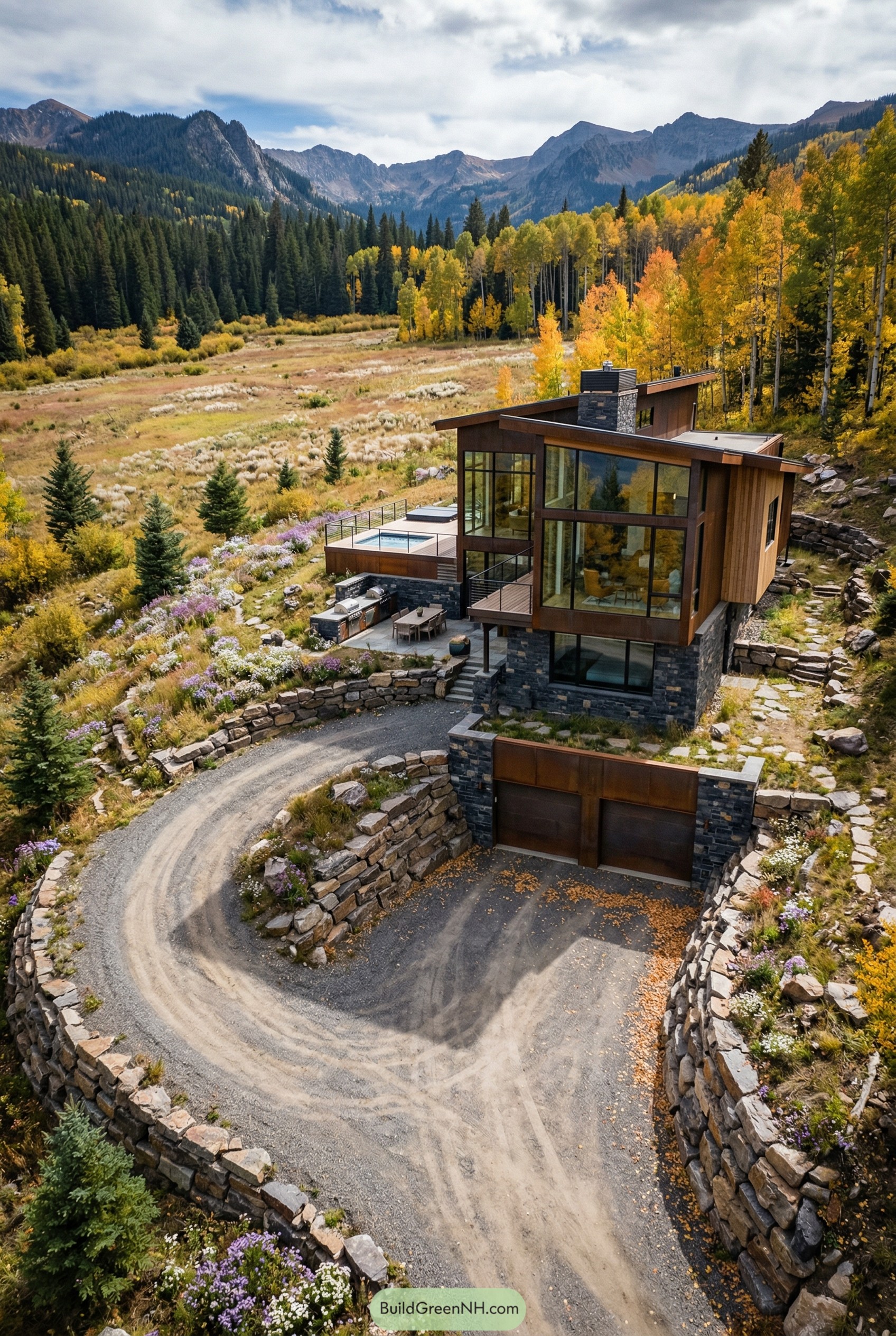 Modern hillside house with stone terraces