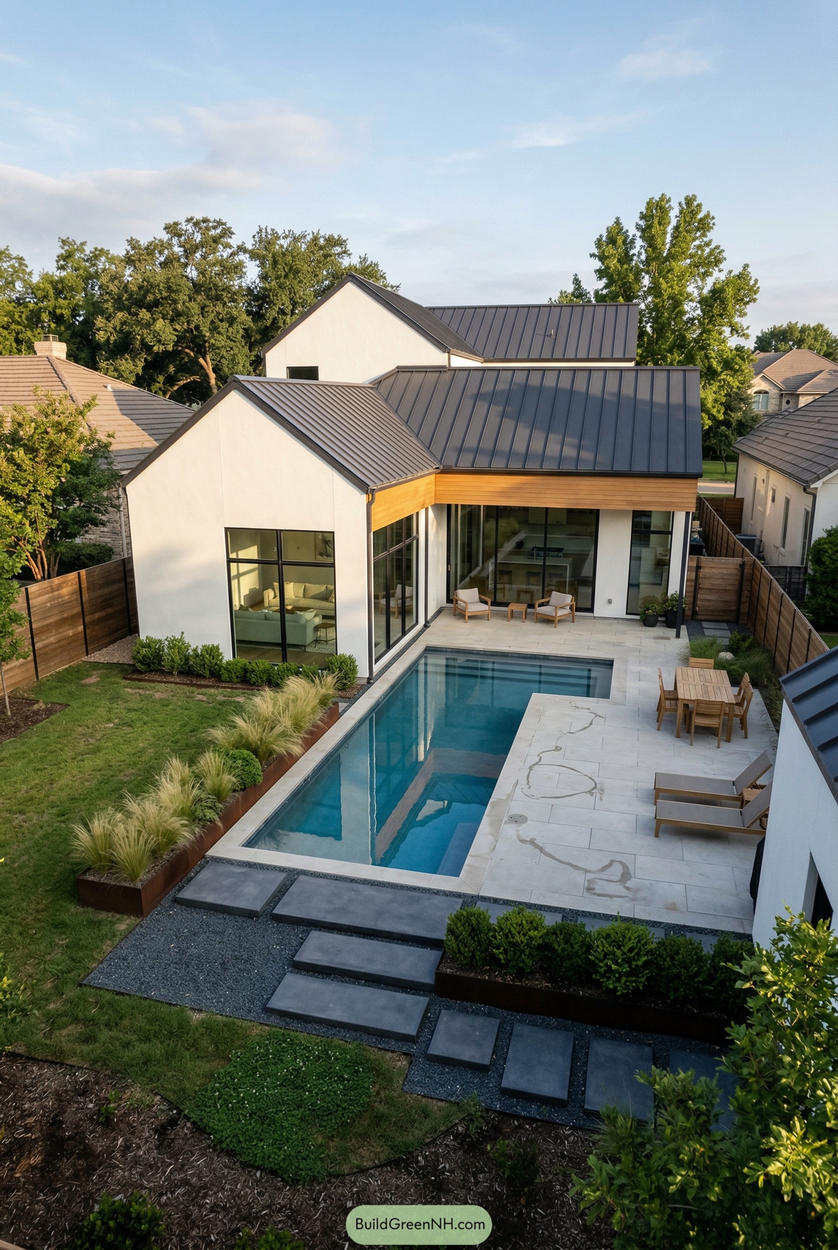 White modern home with narrow courtyard pool