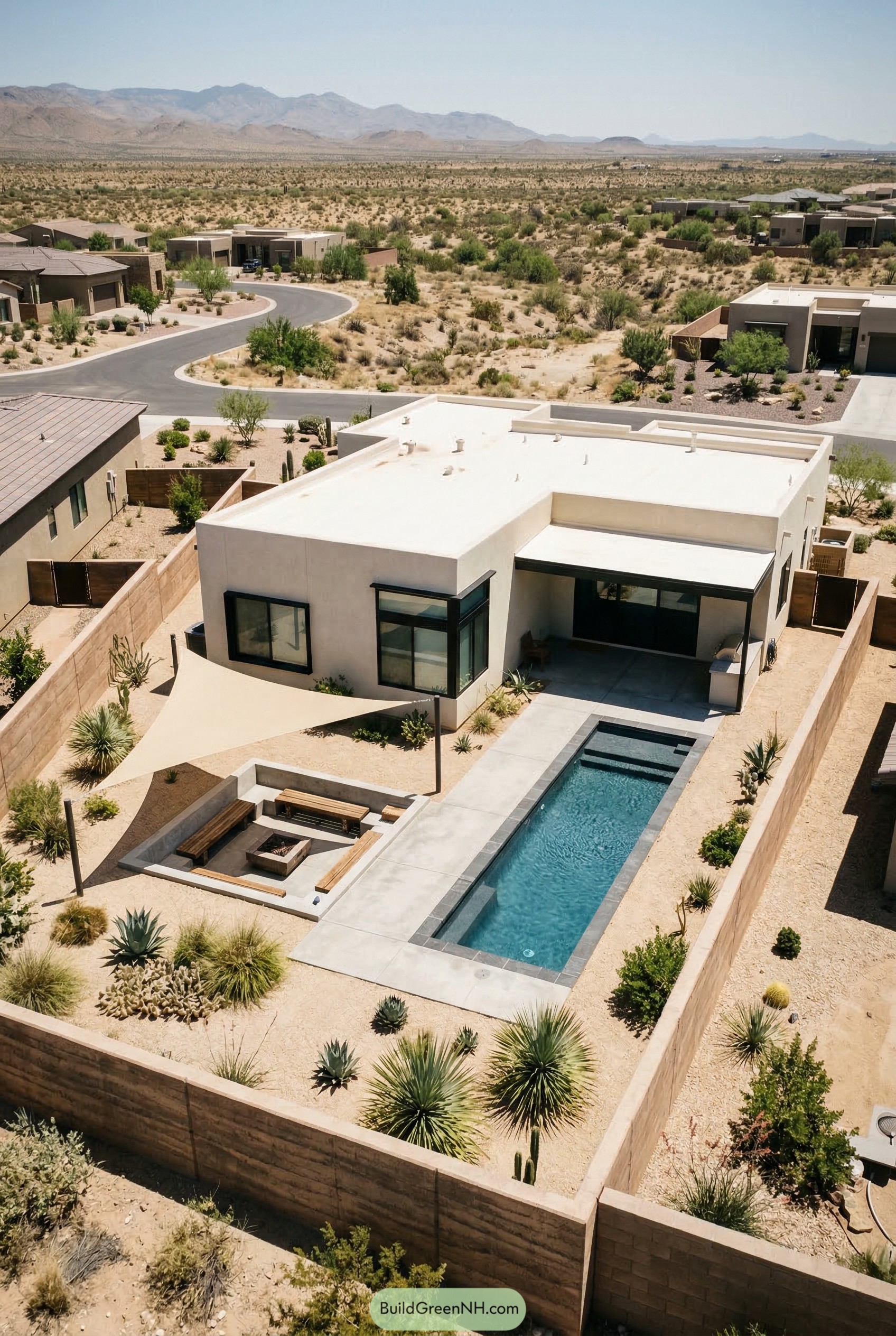 Modern desert backyard with plunge pool and fire lounge