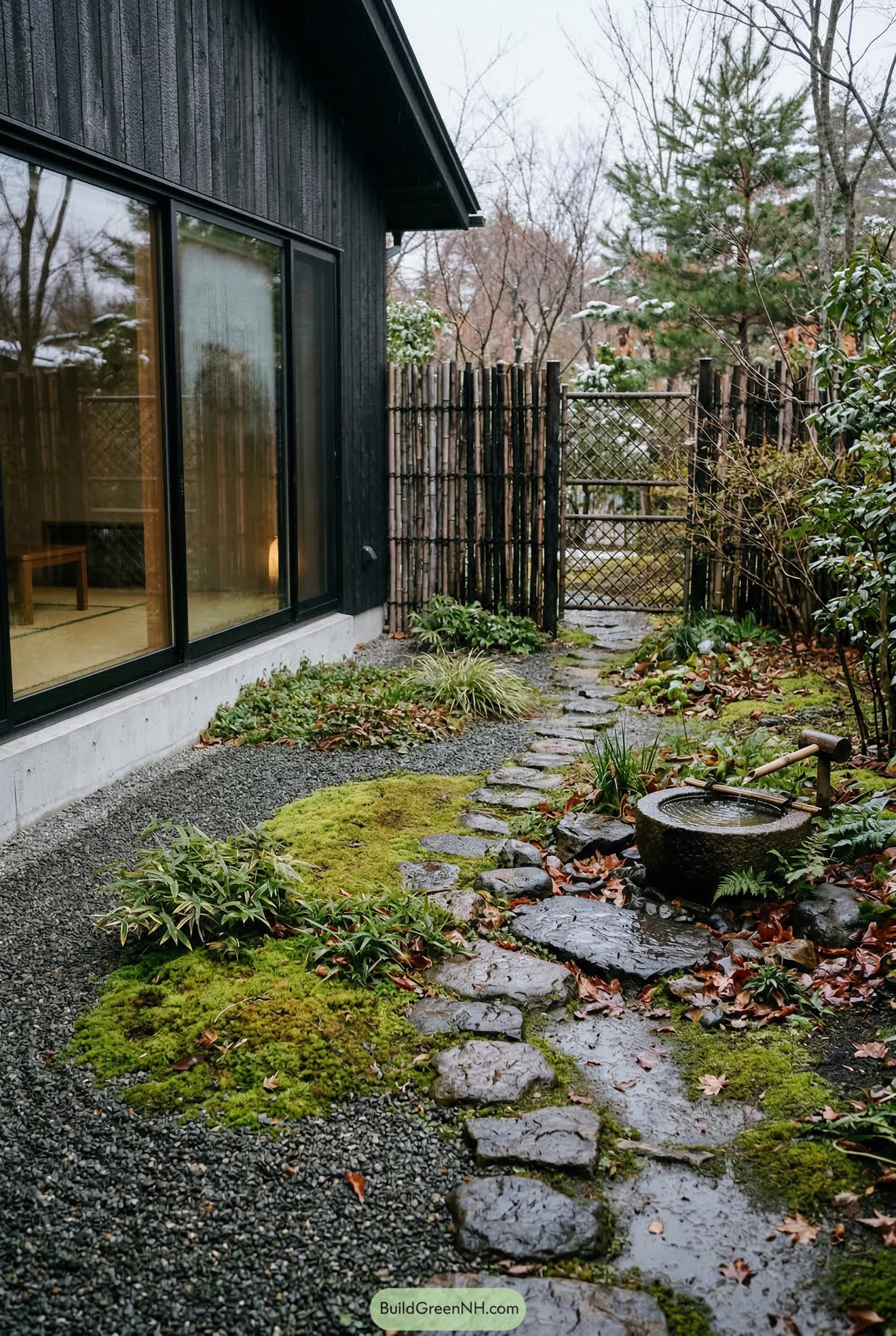 Mossy stone path beside black cedar home