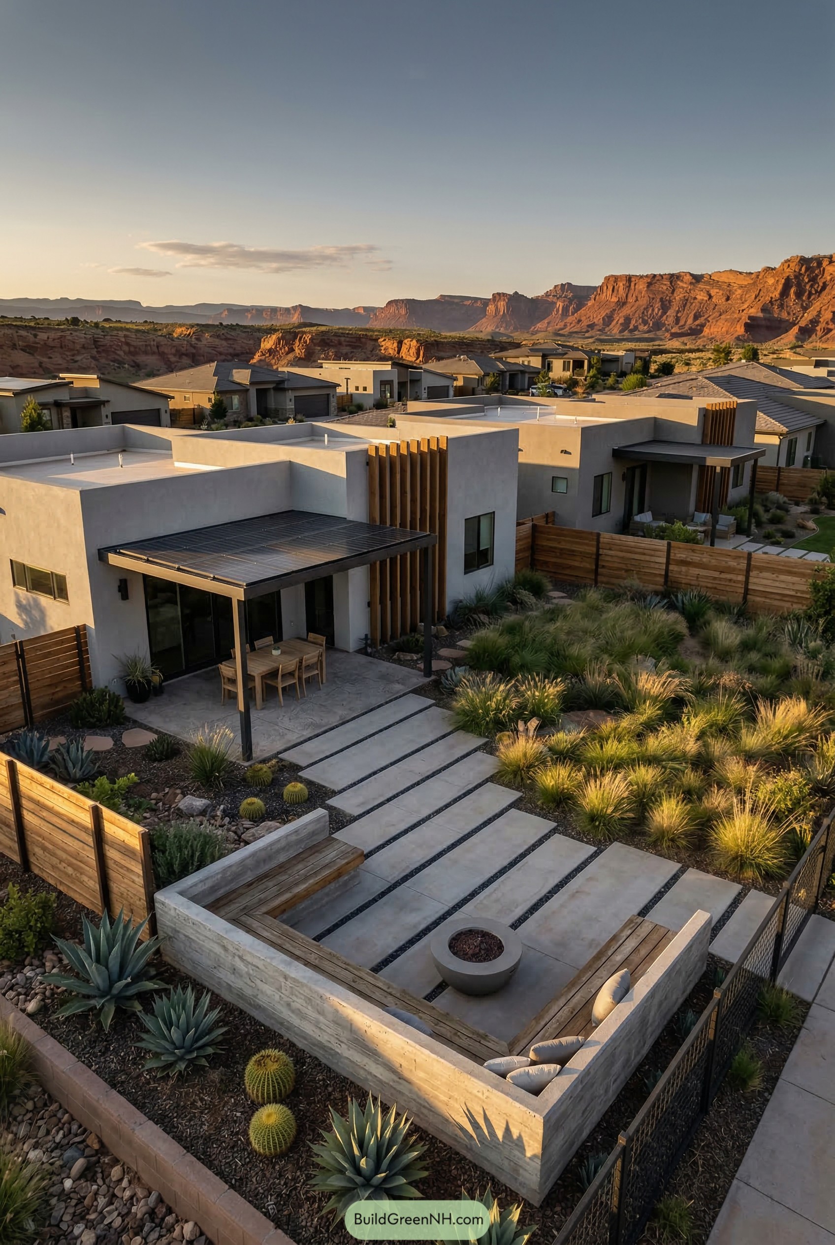 Modern desert backyard with sunken fire lounge
