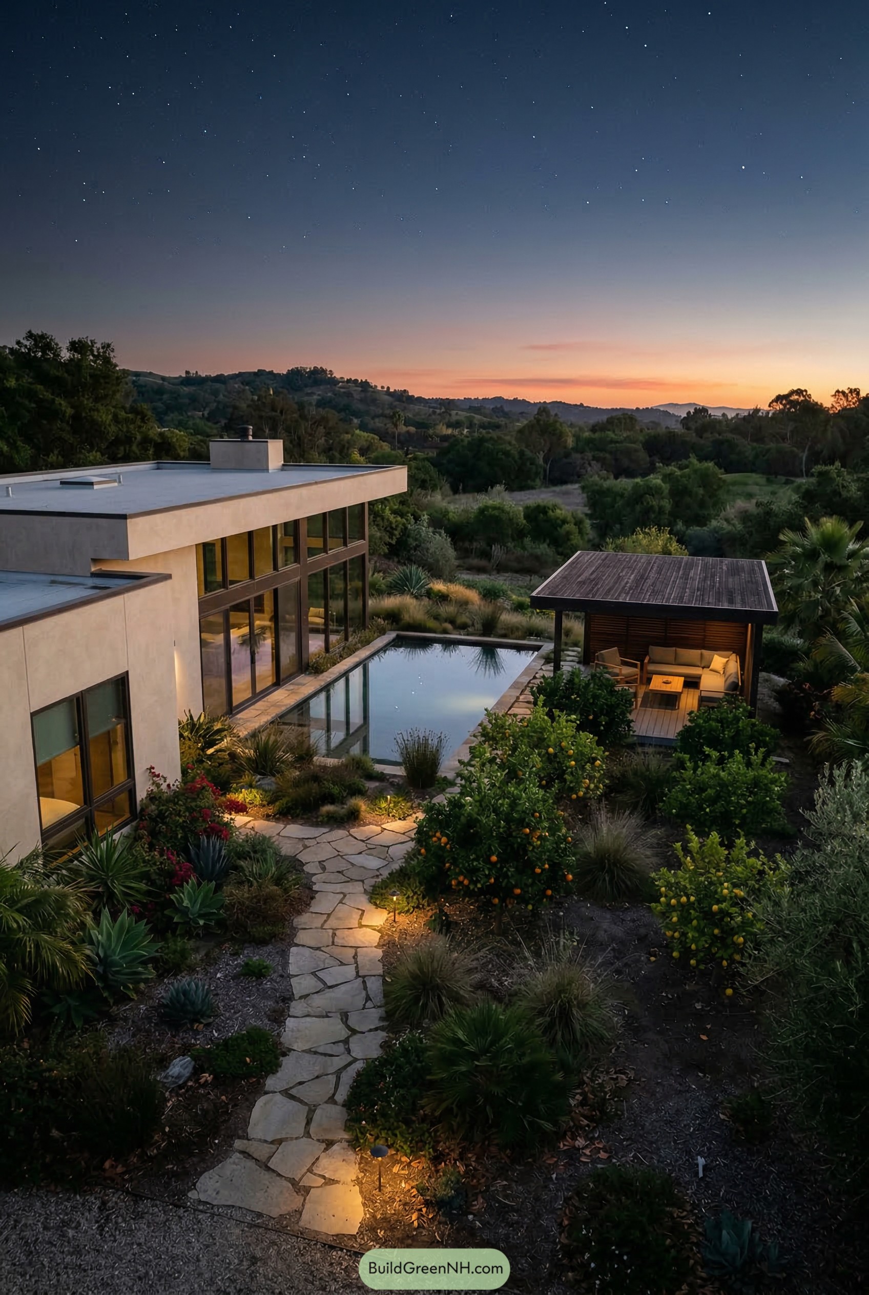 Modern hillside backyard with pool pavilion and stone path