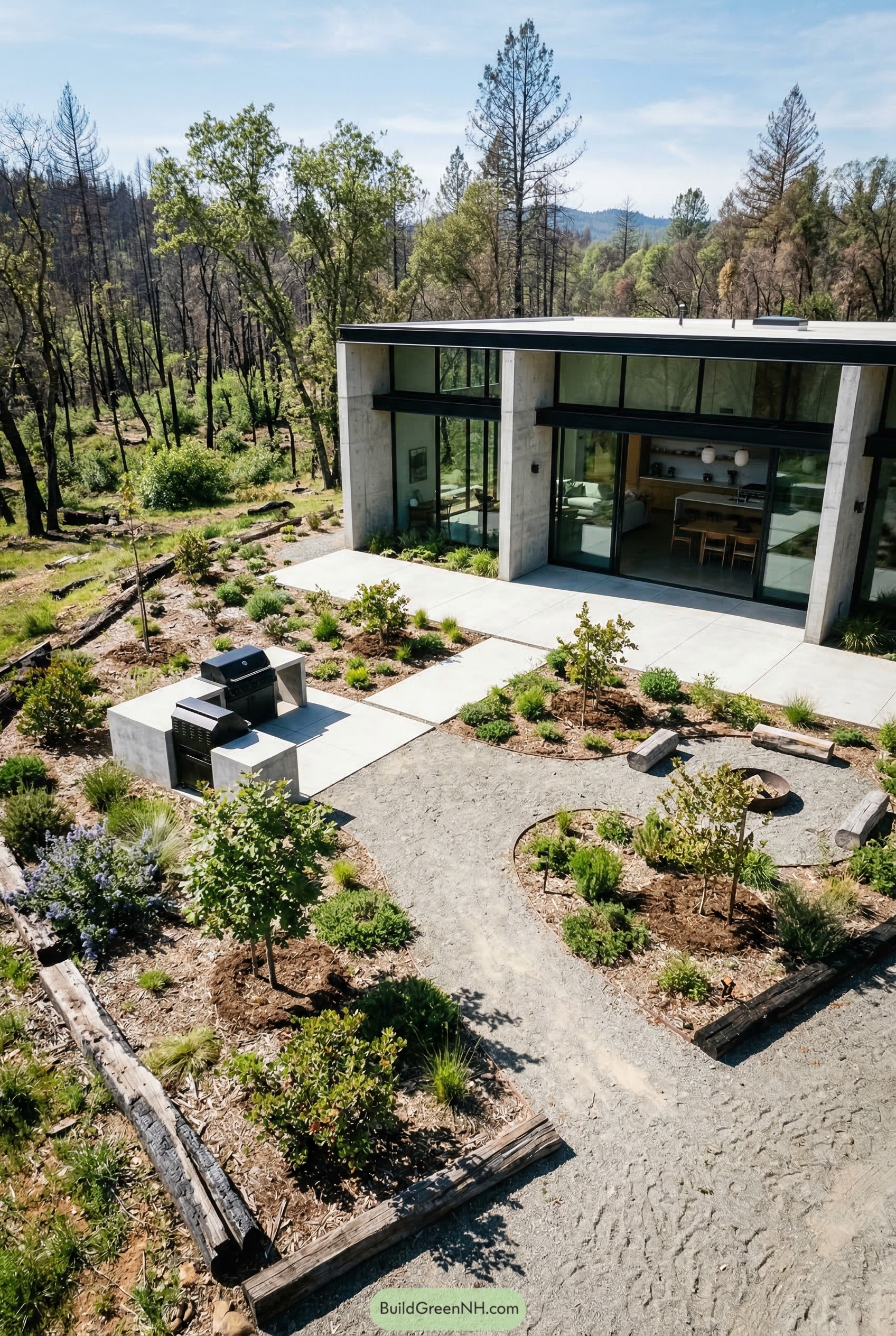 Modern concrete home with native hillside garden and fire pit