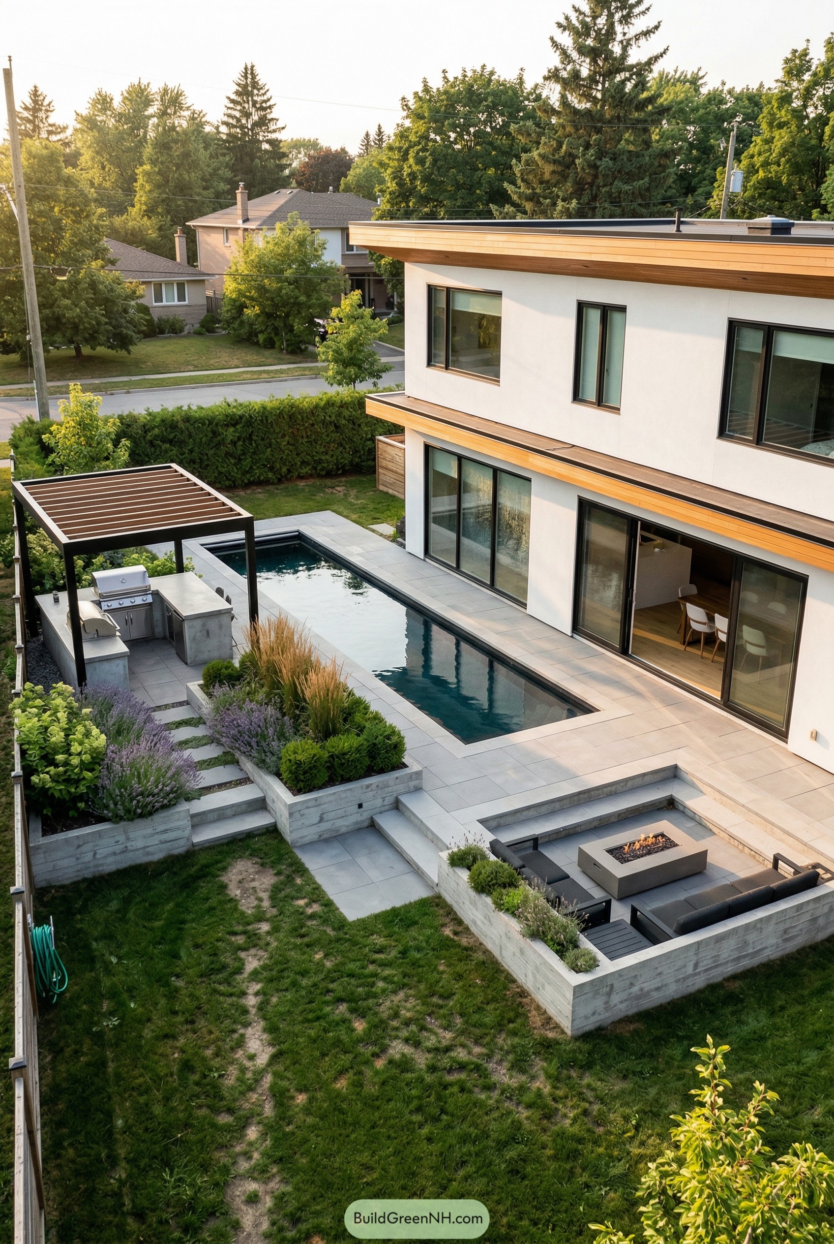 Modern backyard with lap pool pergola kitchen and sunken fire lounge