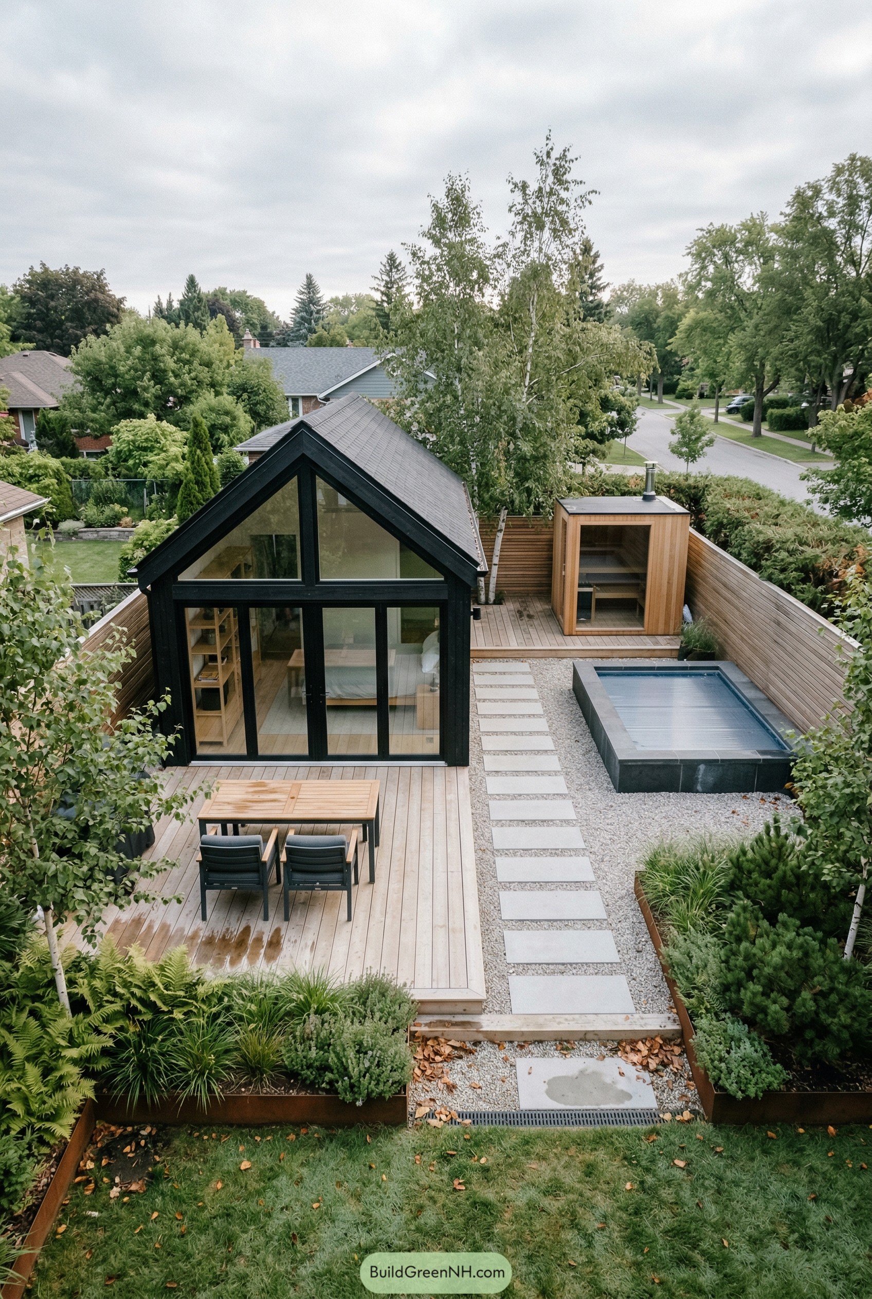 Compact backyard with black gabled studio plunge pool and sauna