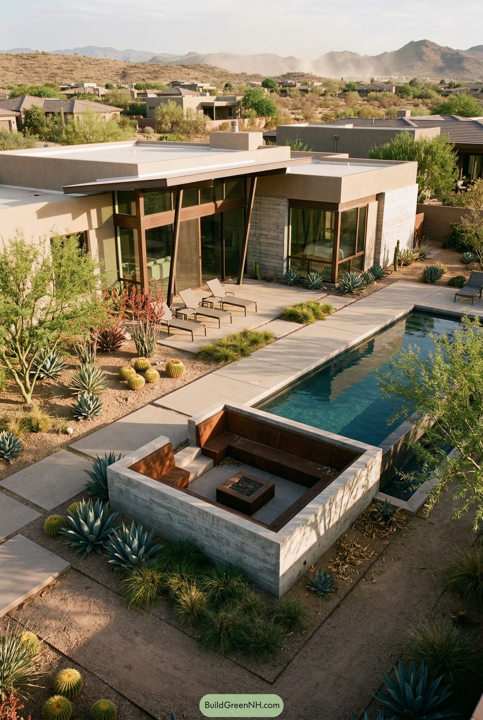 Modern desert yard with lap pool and sunken fire pit