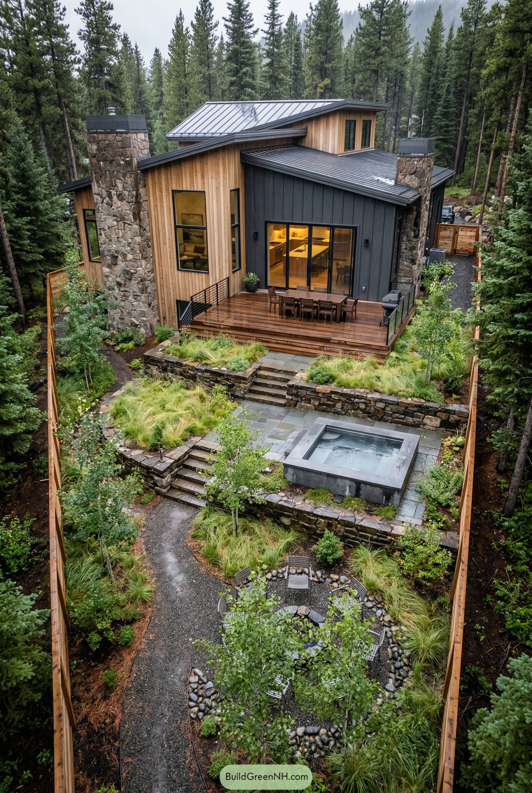 Modern forest backyard with terraced spa