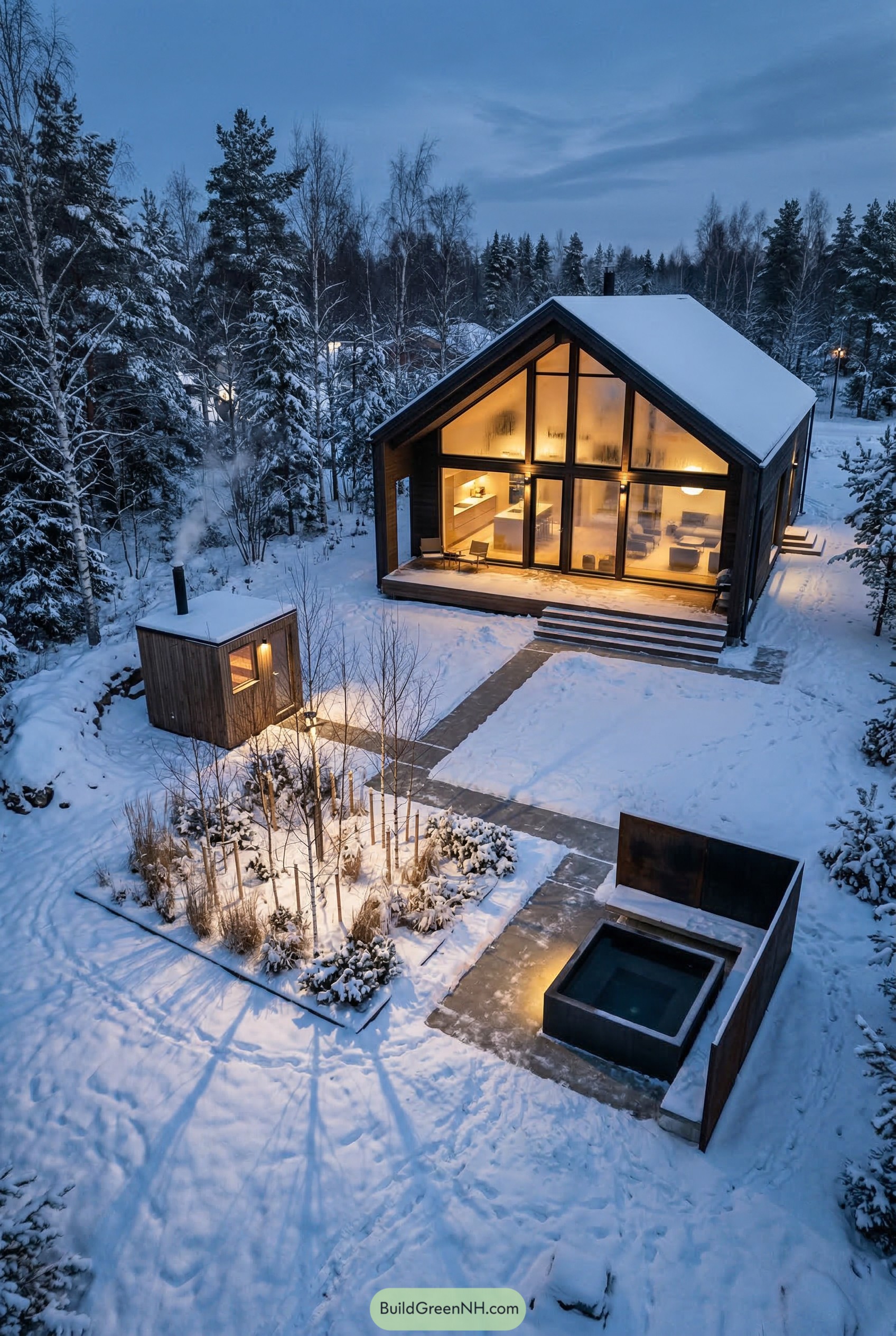 Snowy backyard with sauna and cold plunge
