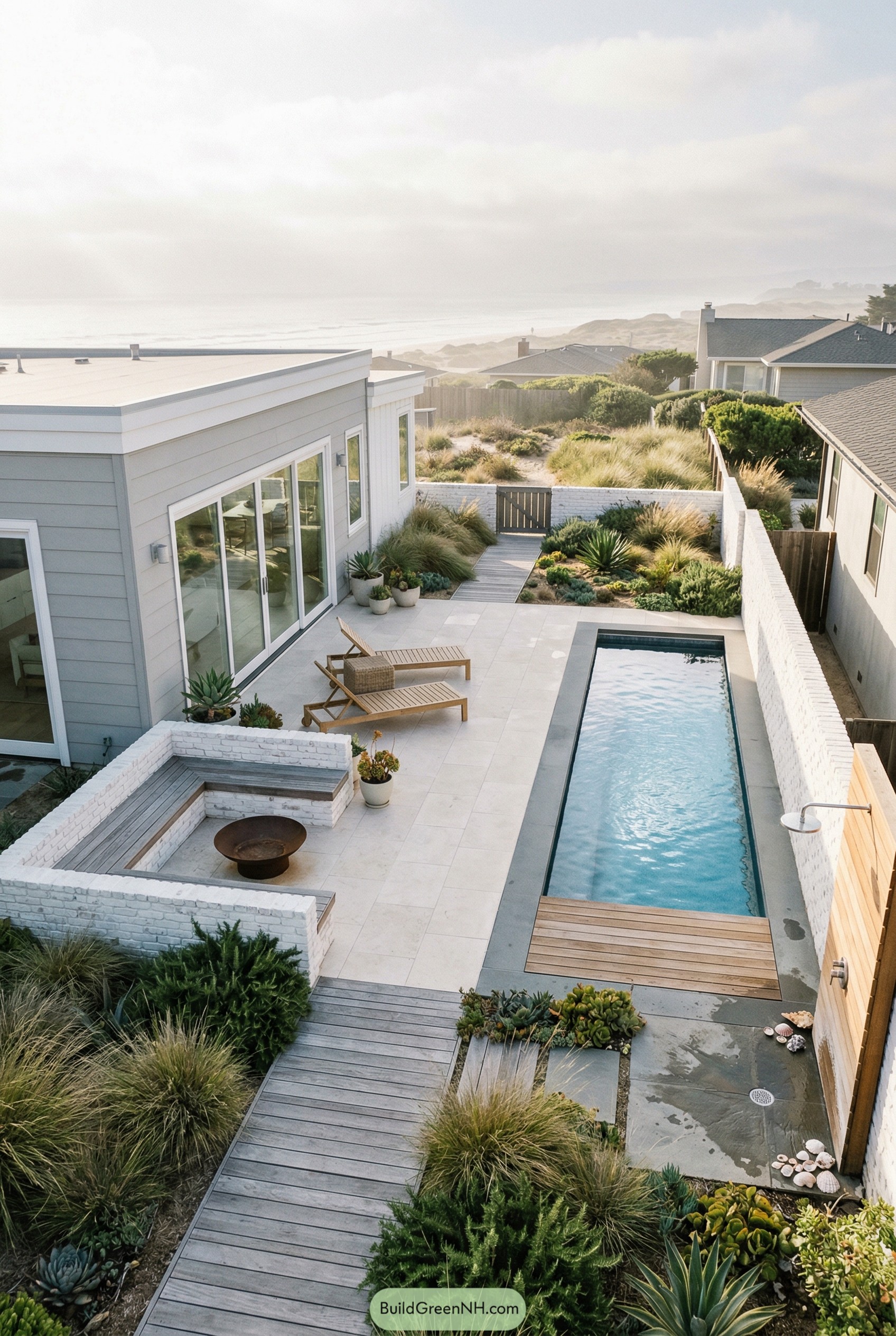 Modern coastal backyard with narrow pool