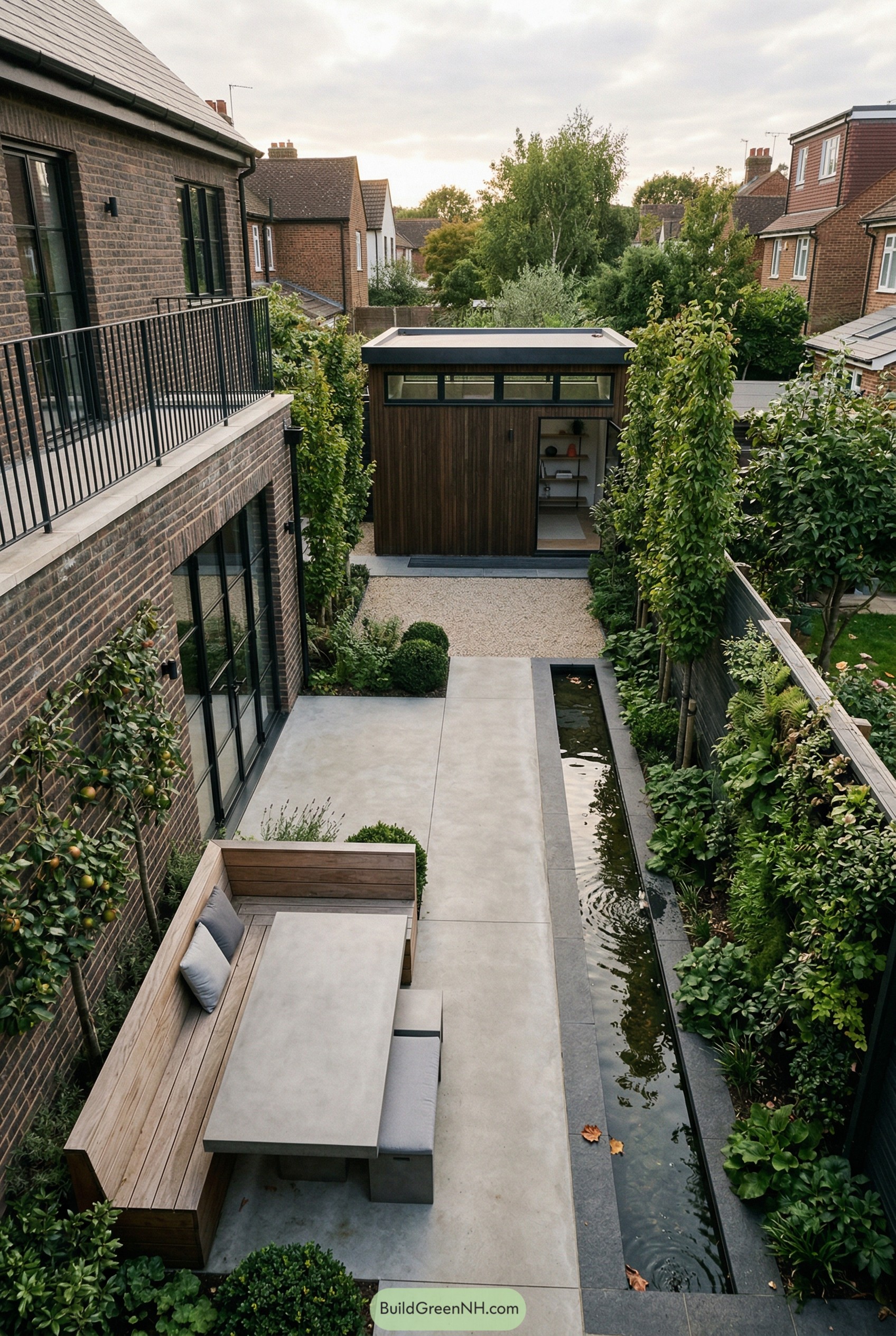 Narrow modern courtyard with water rill and garden studio