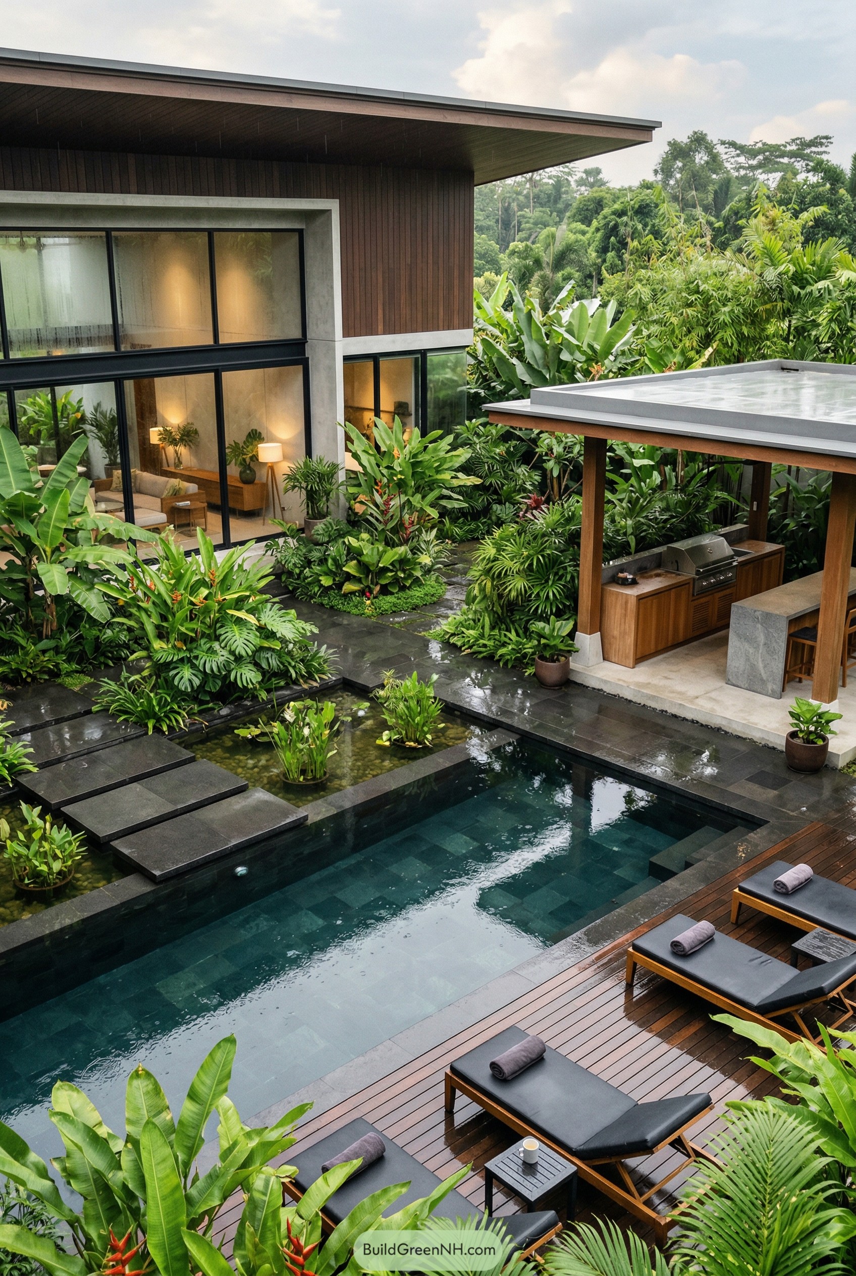 Modern tropical courtyard with narrow pool and outdoor kitchen