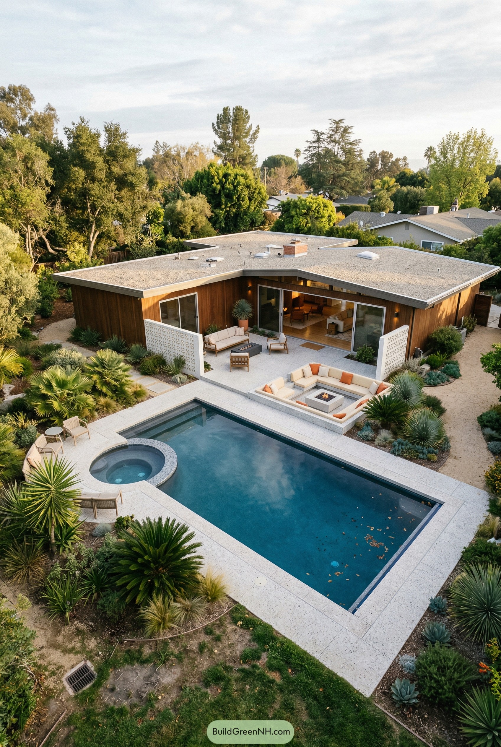 Modern backyard with pool spa and sunken fire lounge