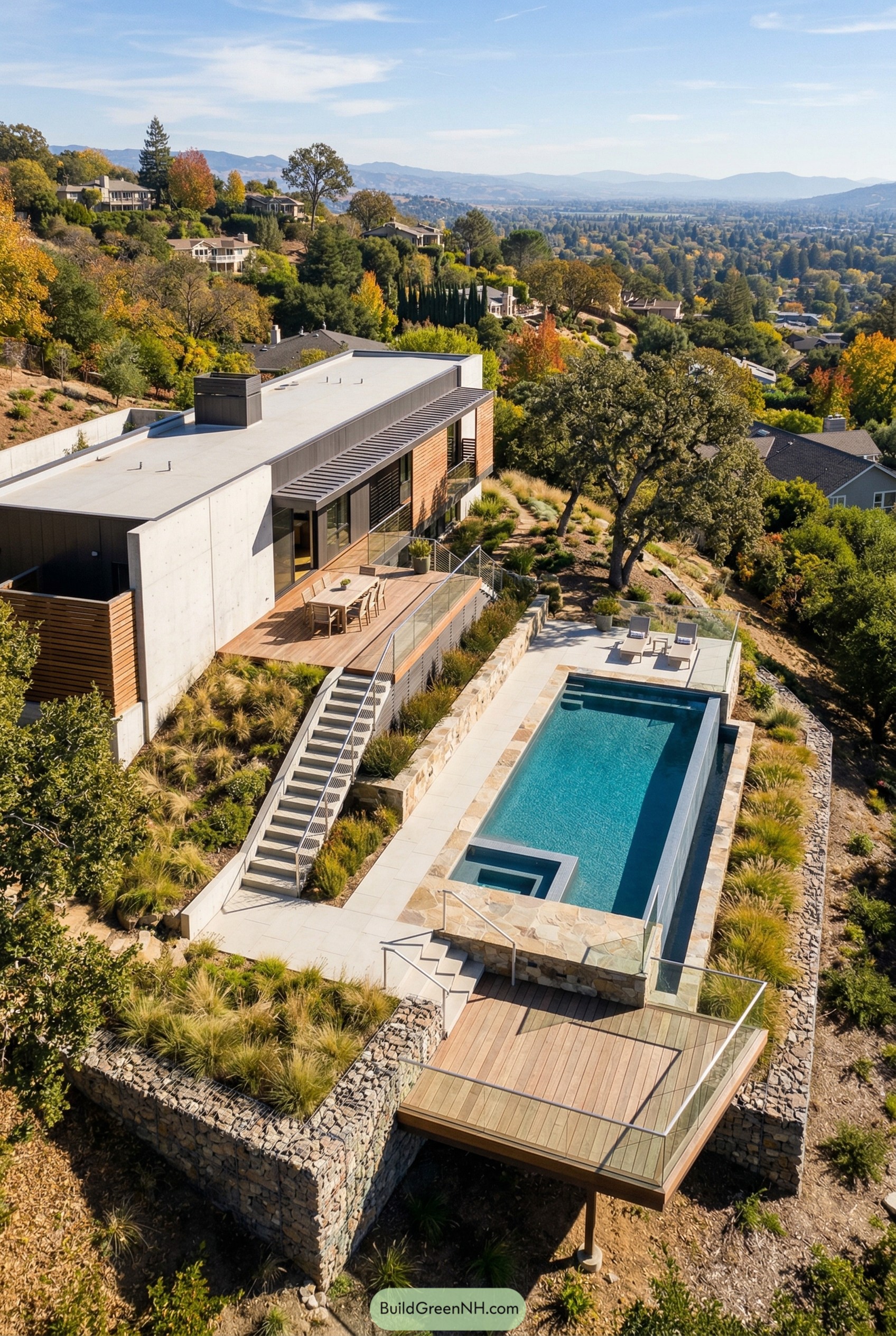Modern hillside pool terrace with valley views