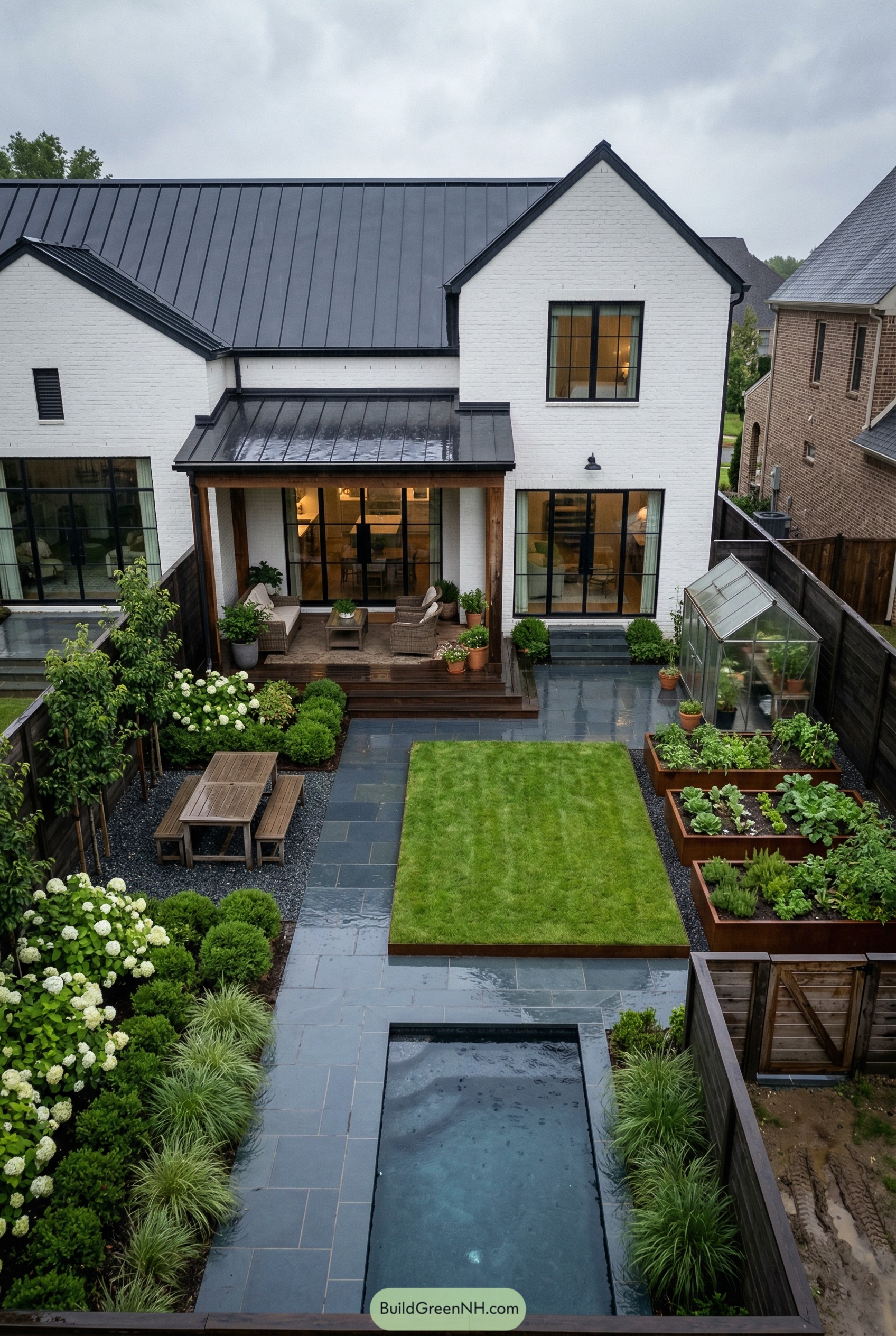 Modern backyard with narrow pool lawn greenhouse and raised beds