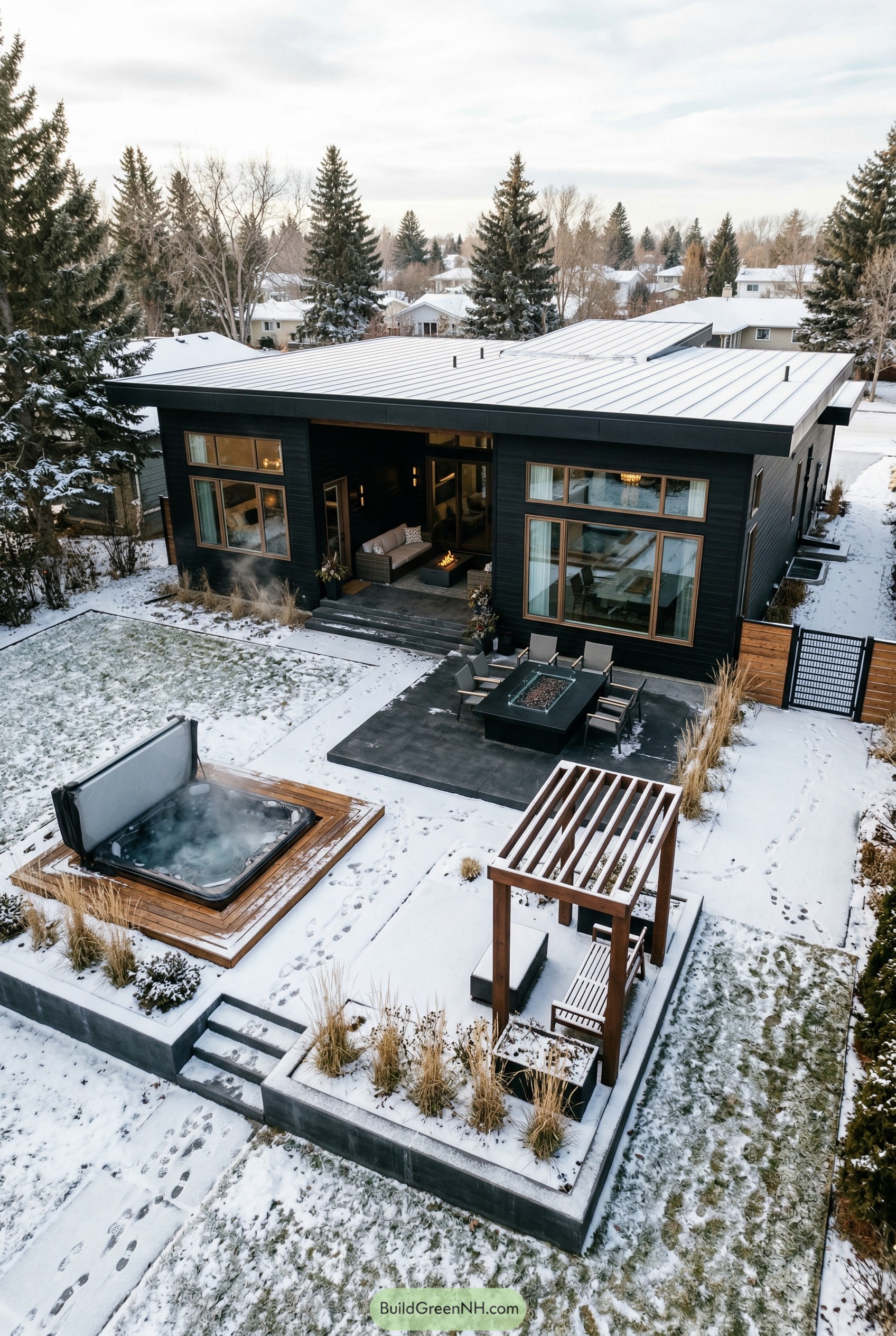 Modern snowy backyard with hot tub and fire patio
