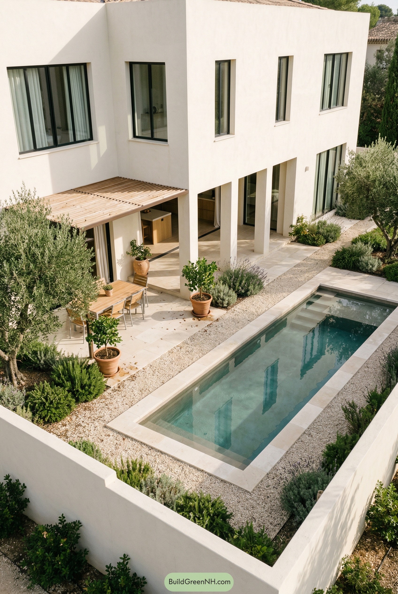 Narrow courtyard pool beside a white stucco home
