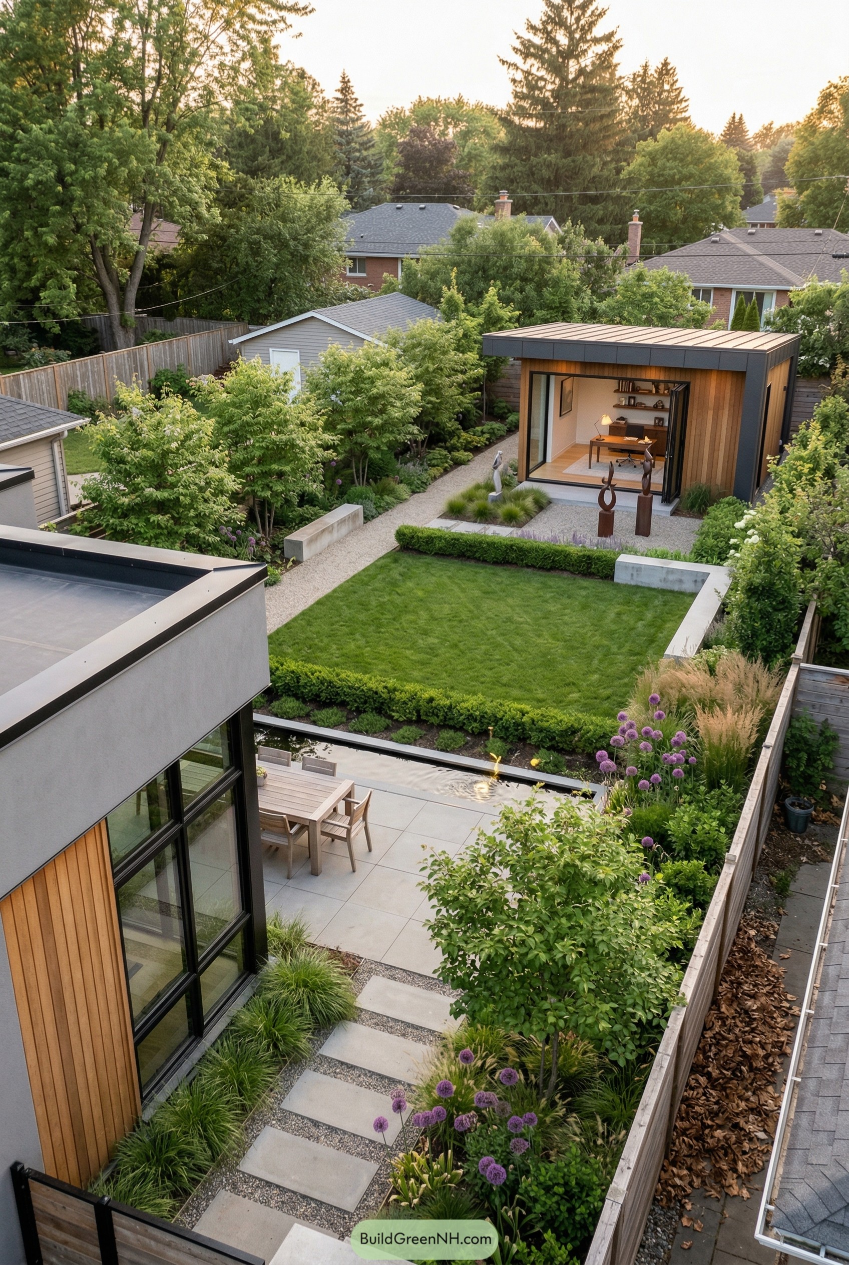 Modern backyard with framed lawn water rill and garden studio