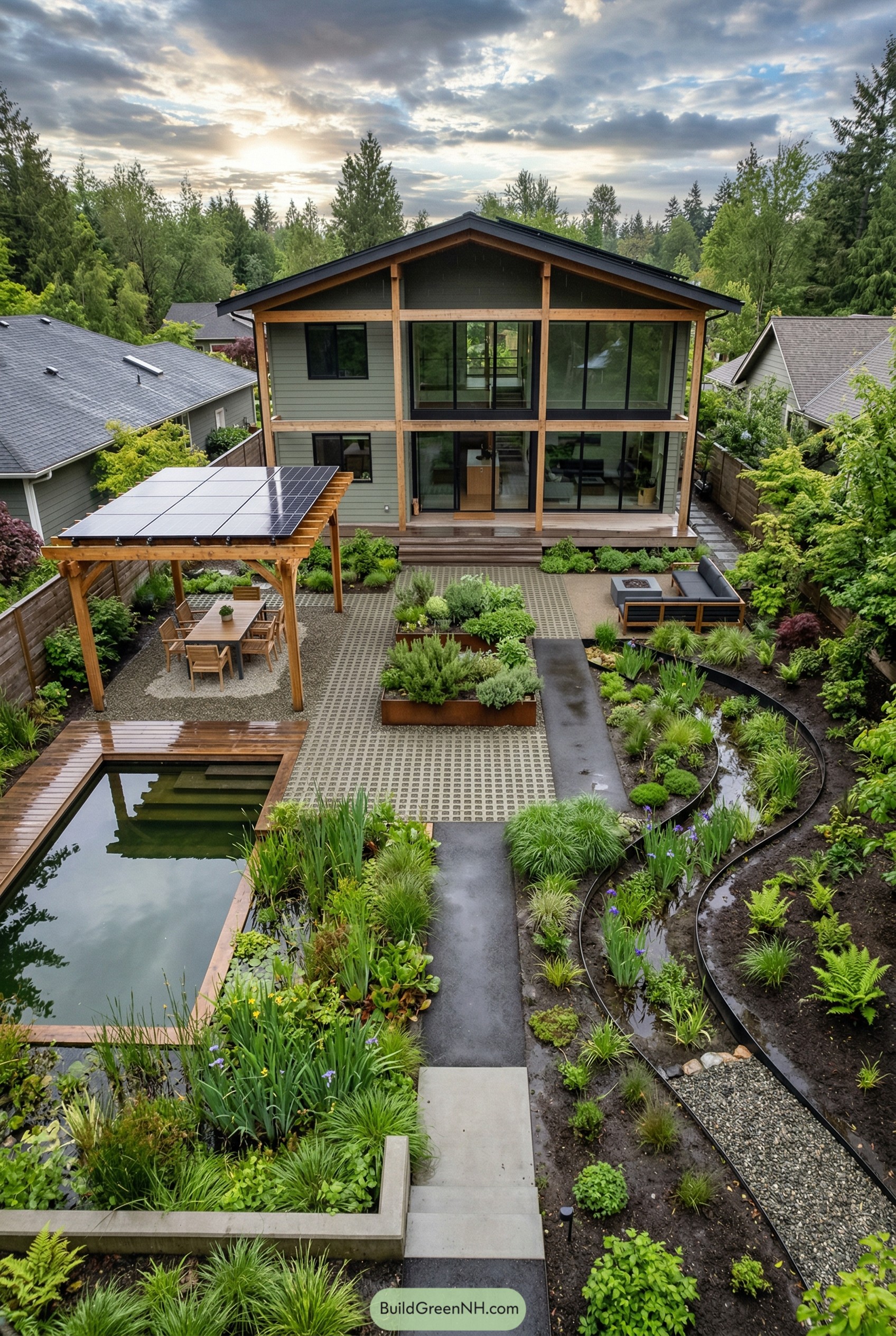 Modern backyard with pond pool solar pergola and rain garden