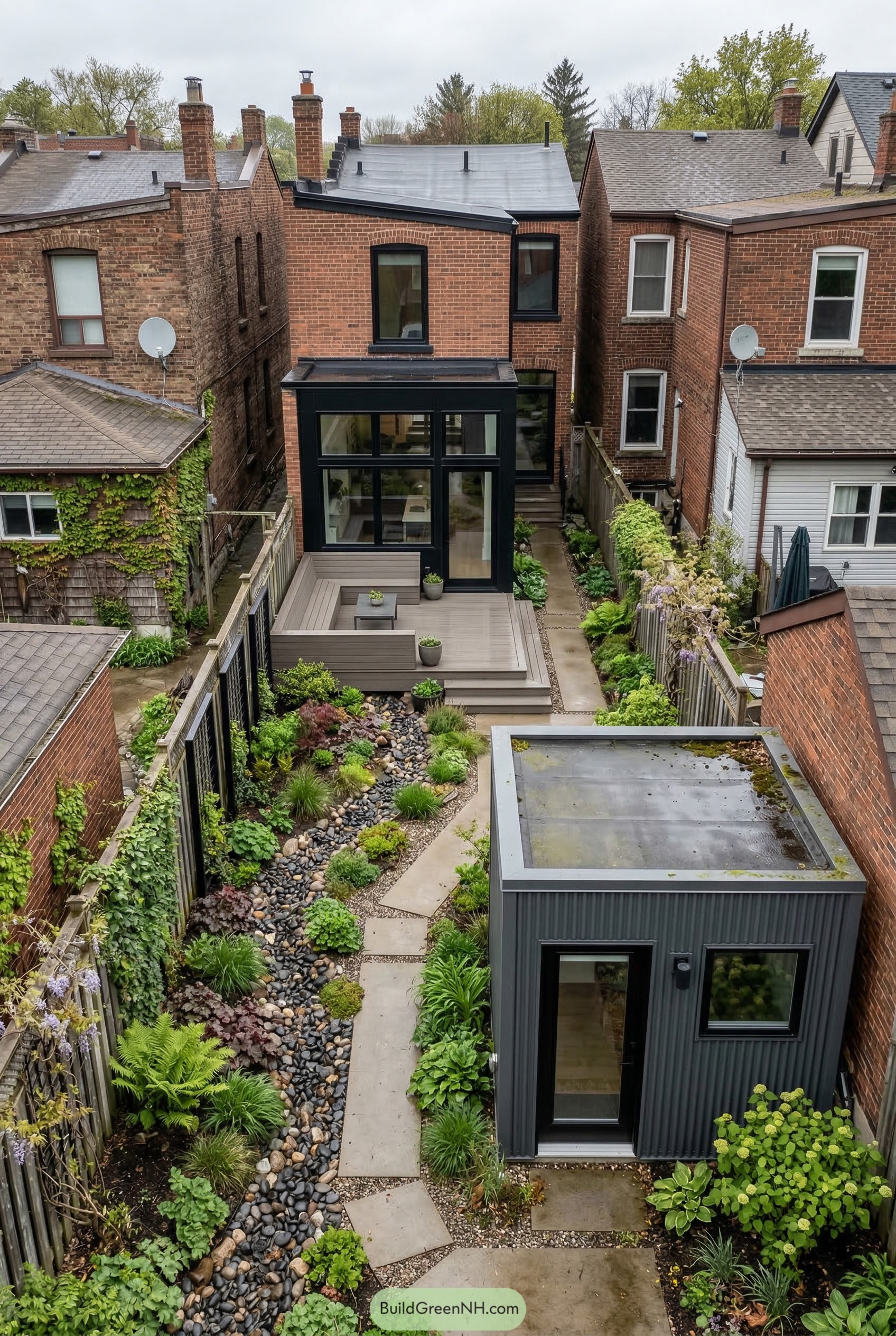 Narrow city backyard with deck dry creek and garden studio