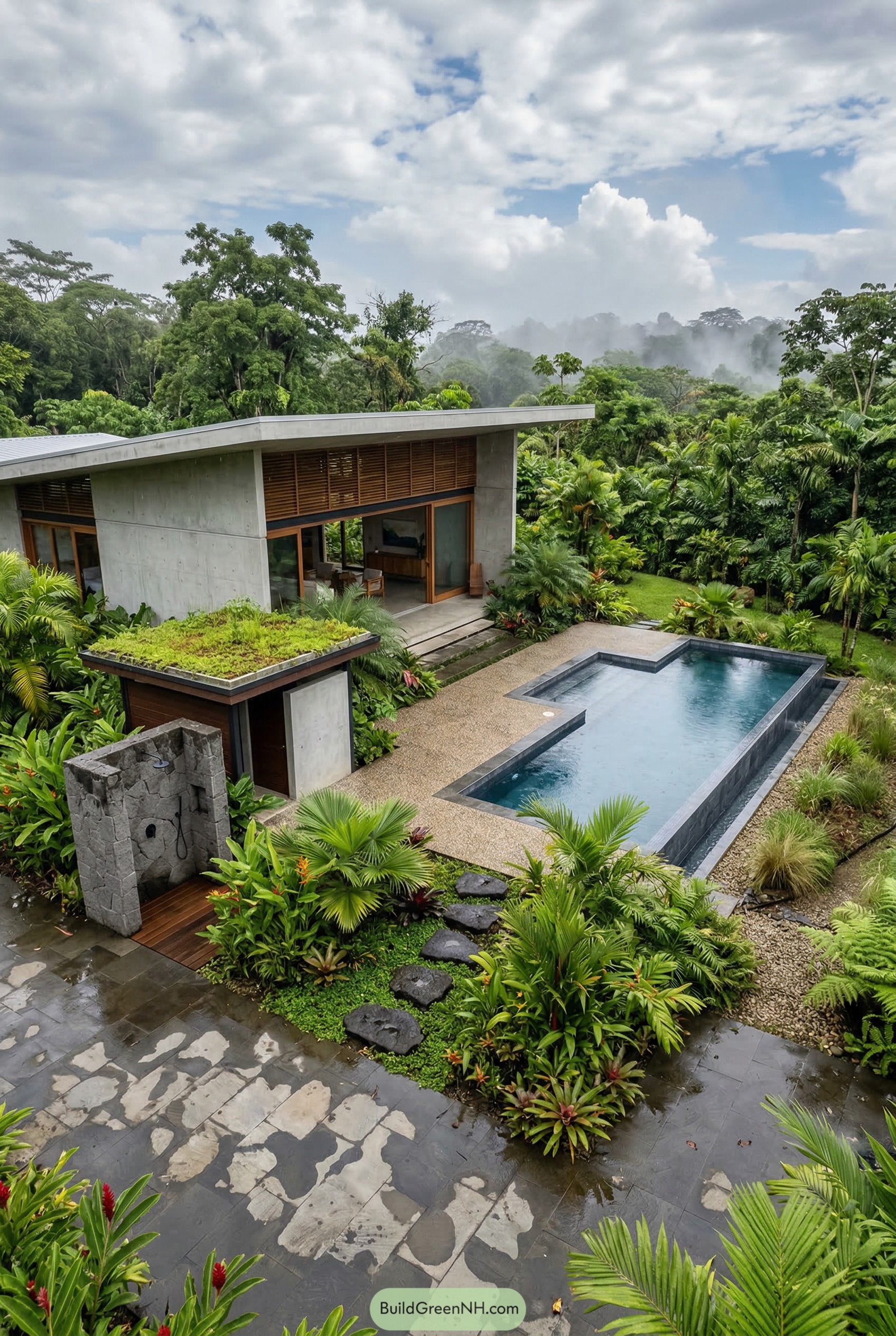 Modern tropical pool with concrete pavilion