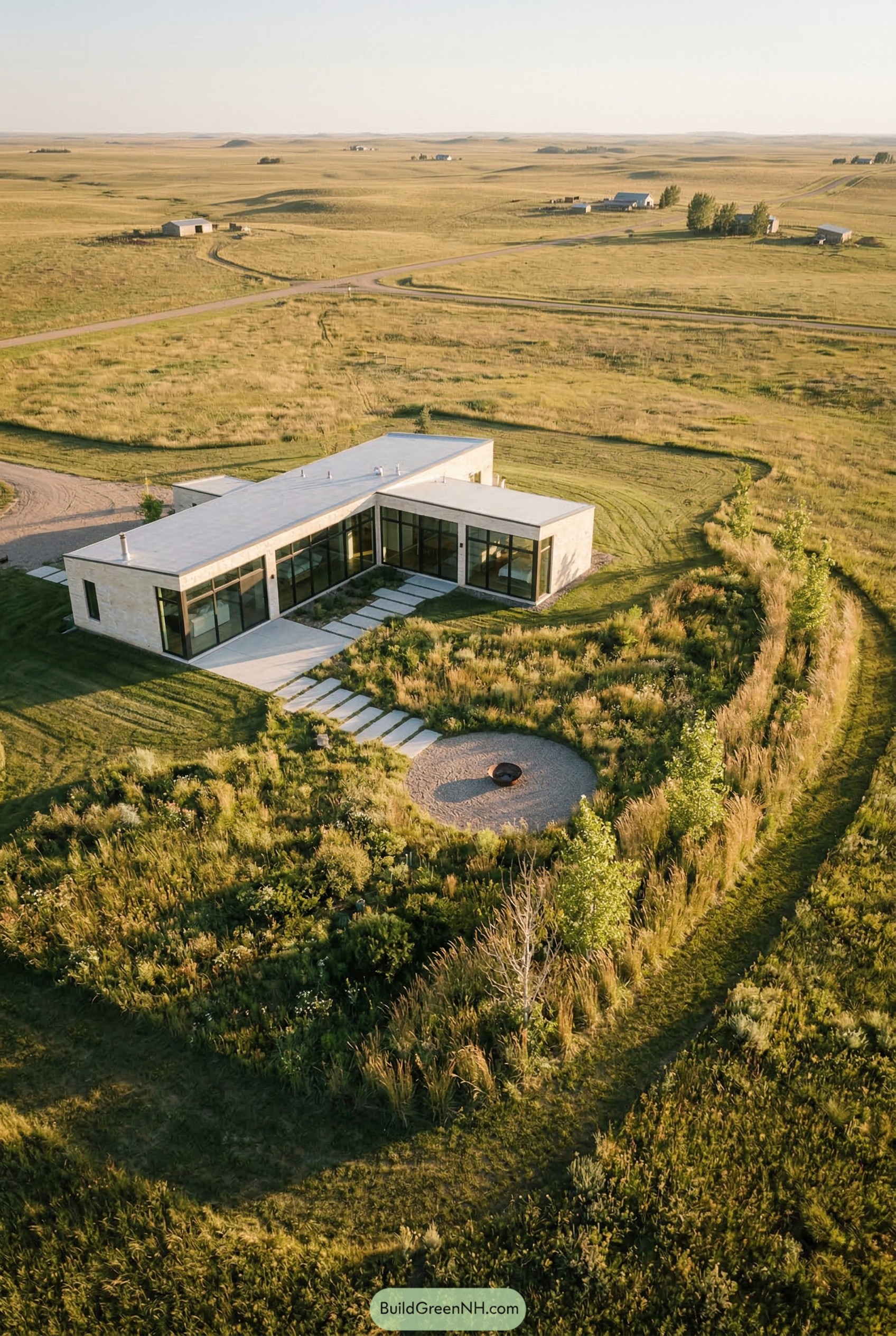 Prairie backyard with native meadow and fire pit