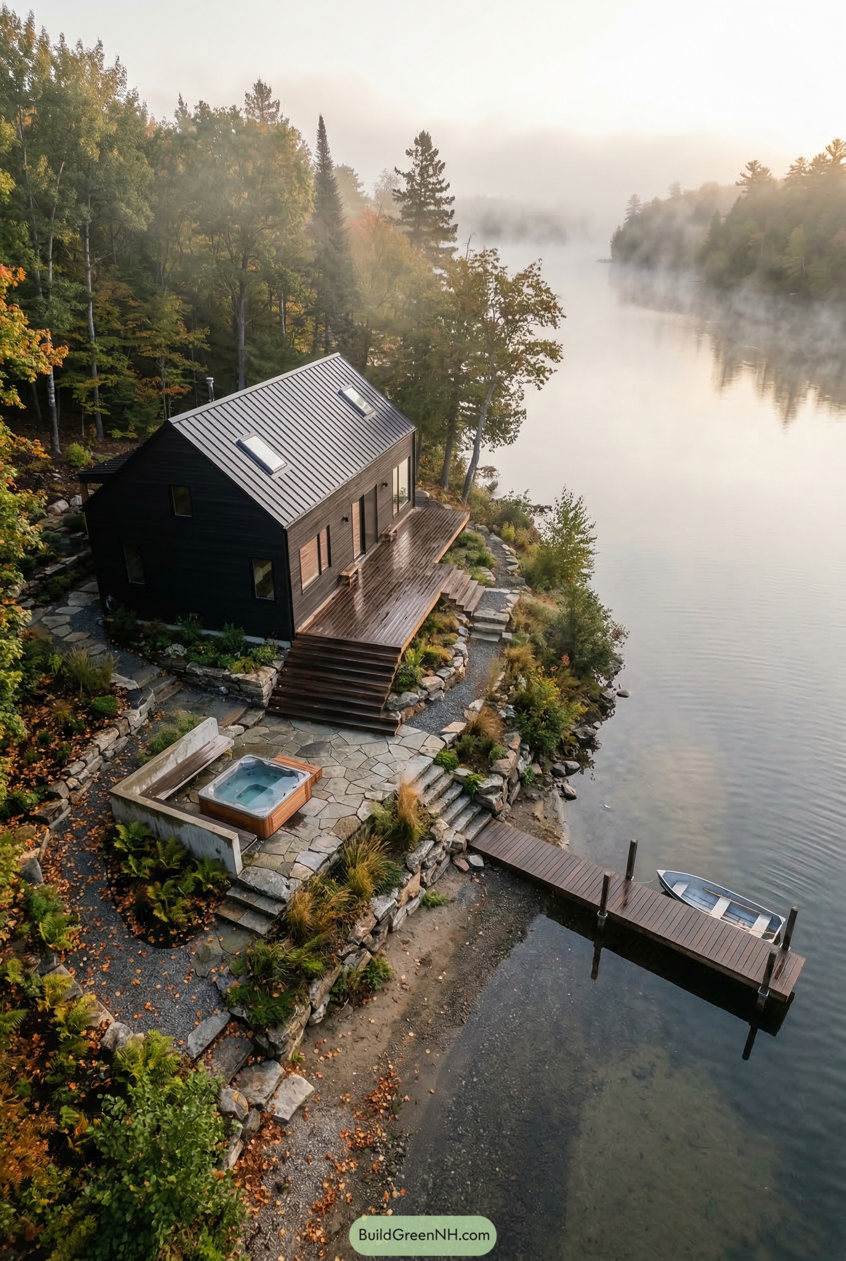 Black lakeside cabin with terraced spa and dock