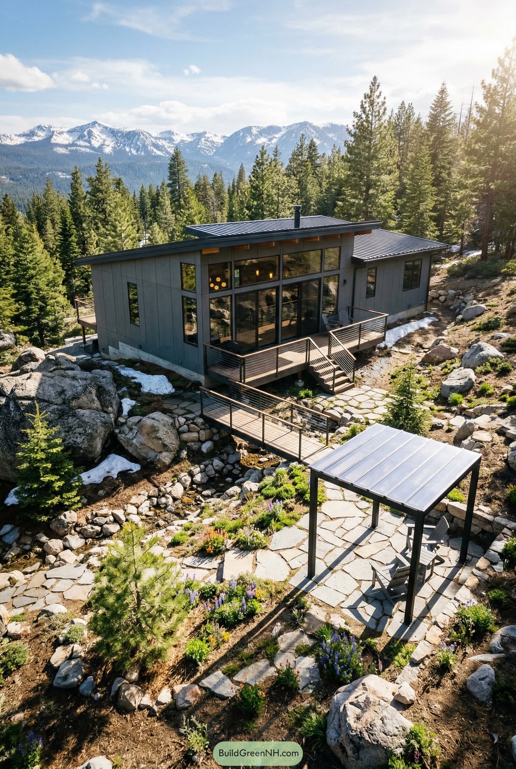 Modern mountain backyard with stone patio pergola and bridge