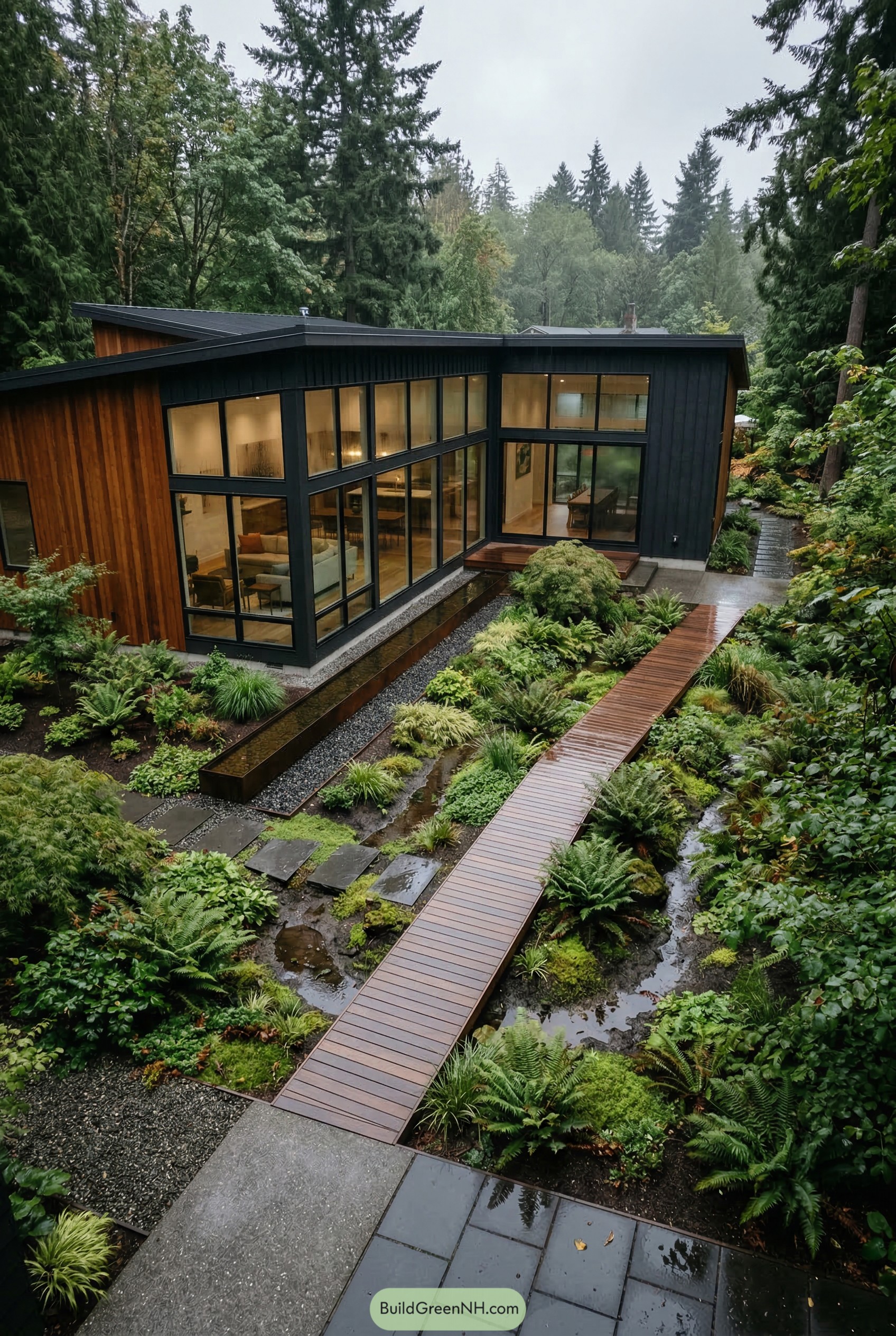 Modern backyard boardwalk over lush rain garden